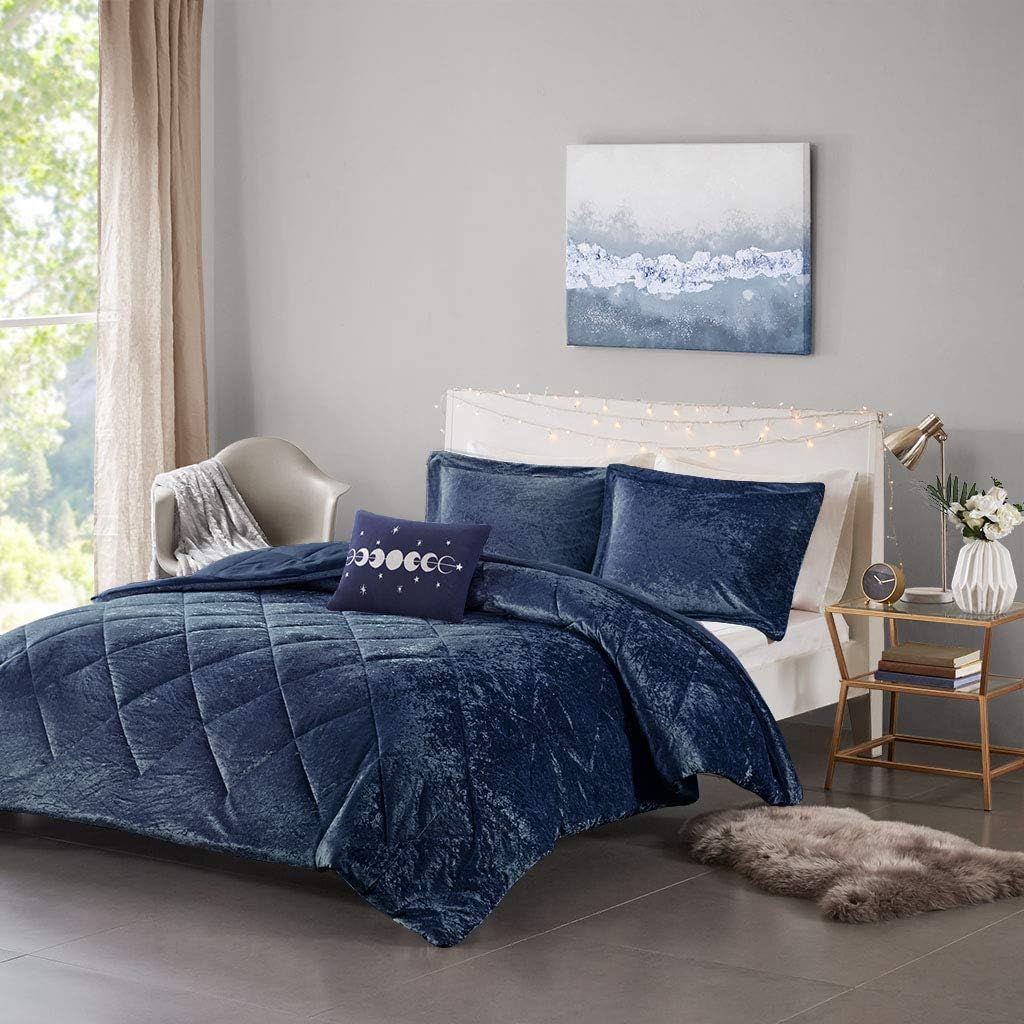 Intelligent Design Twin Comforter Set, Velvet Comforter Set , Luxury Diamond Quilting Comforter Set, Fluffy Comforter Bed Set with Decorative Pillowand 1 Sham, 3 Piece Navy, Twin/Twin XL Comforter Set Navy Twin/Twin XL