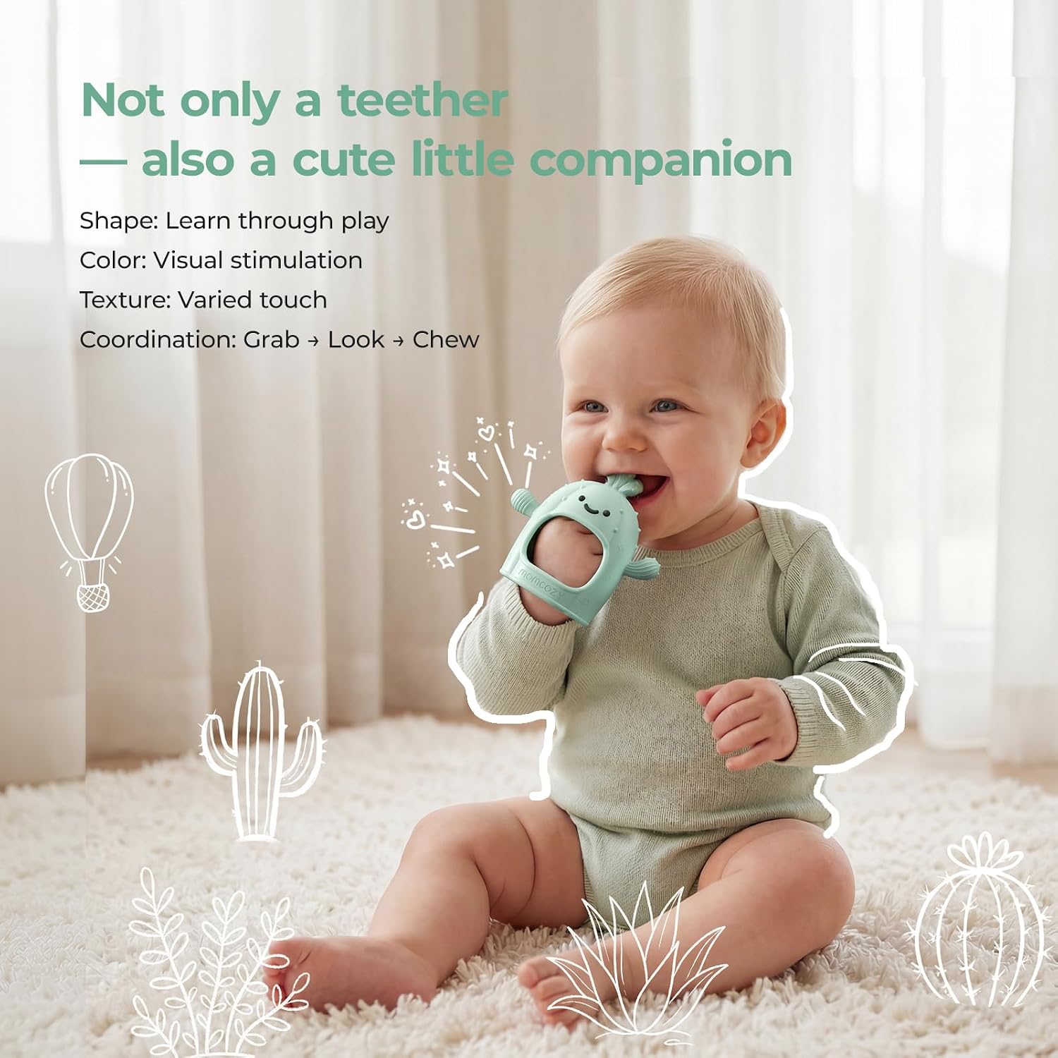 Momcozy Baby Teething Toys, Food Grade Silicone Baby Teether，Teething Mitten for Babies 0–6 Months，Teethers for Babies 6–12 Months，Anti Drop Wrist Teether with Multiple Chew Points， Grass Green
