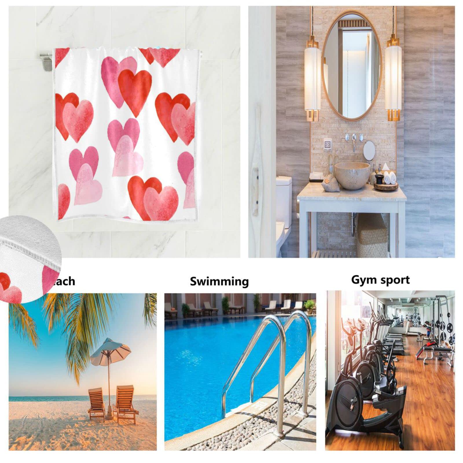 Watercolor Hearts Pattern Valentine Hand Towels 15x30 in Valentine's Day Bathroom Bath Towel Fingertip Towels Ultra Soft Absorbent for Hand Gym Spa