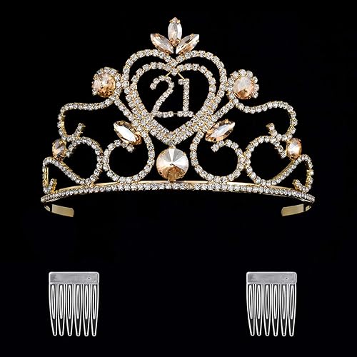 Miniatura 3 de Tiara de corona de 21 cumpleaños JEHEHUBO para mujer tiaras de 21 cumpleaños coronas de metal dorado con diamantes de imitación de cristal 21