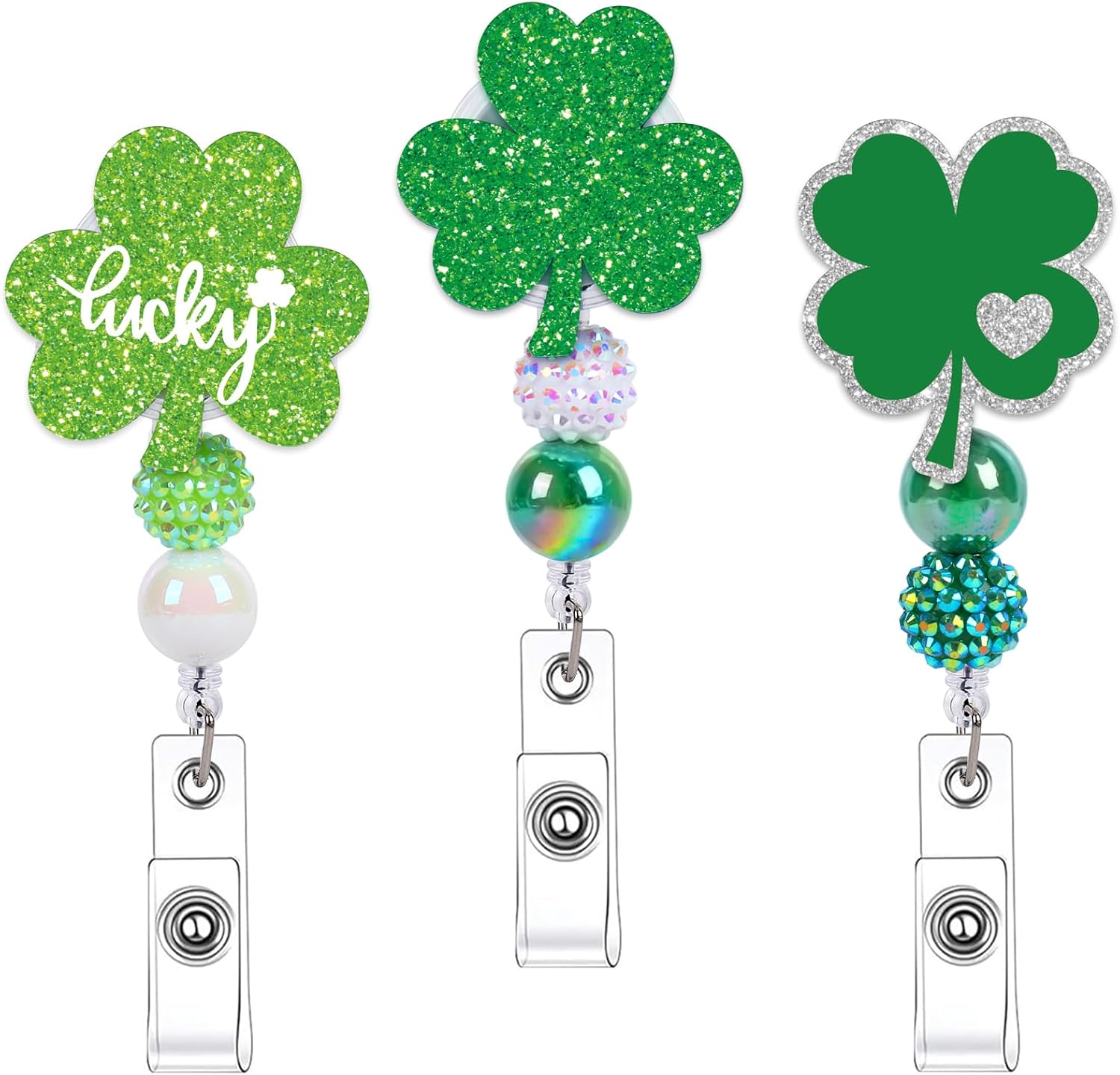 JarThenaAMCS 3Pcs St. Patrick' s Day Badge Reels Green Glitter Shamrock Lucky Clover Retractable ID Badge Name Tag Holder with Clip for Nurse Doctor Student Teacher Employee