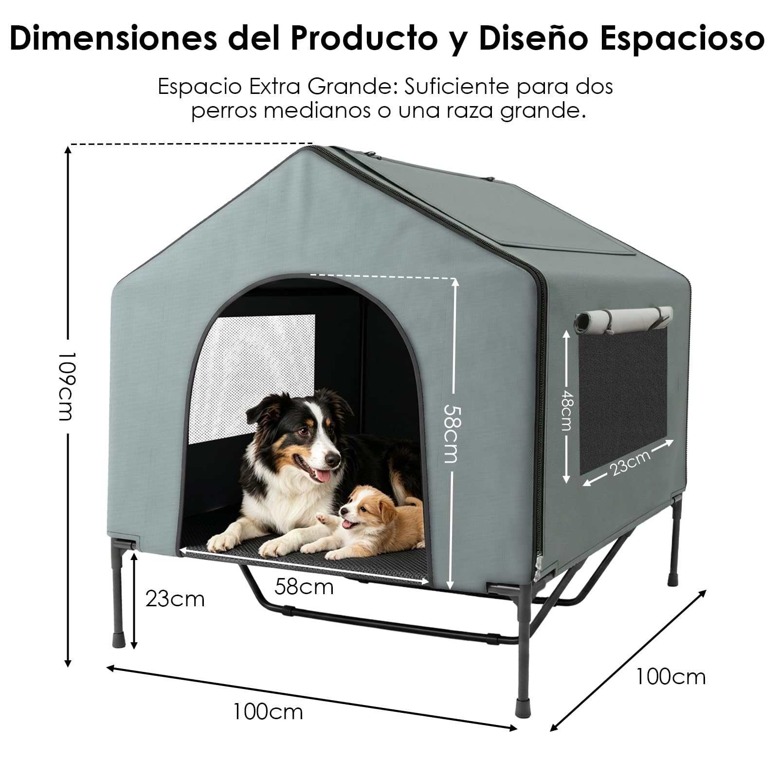 Caseta para perros Grande con Techo 100cm,3 en 1 Casa Perro Impermeable | Casa de Perro Exterior con Cortina Opaca, Elevada Cama Perro Impermeable y Protección UV 50+, Caseta Perros Resistente Jardín