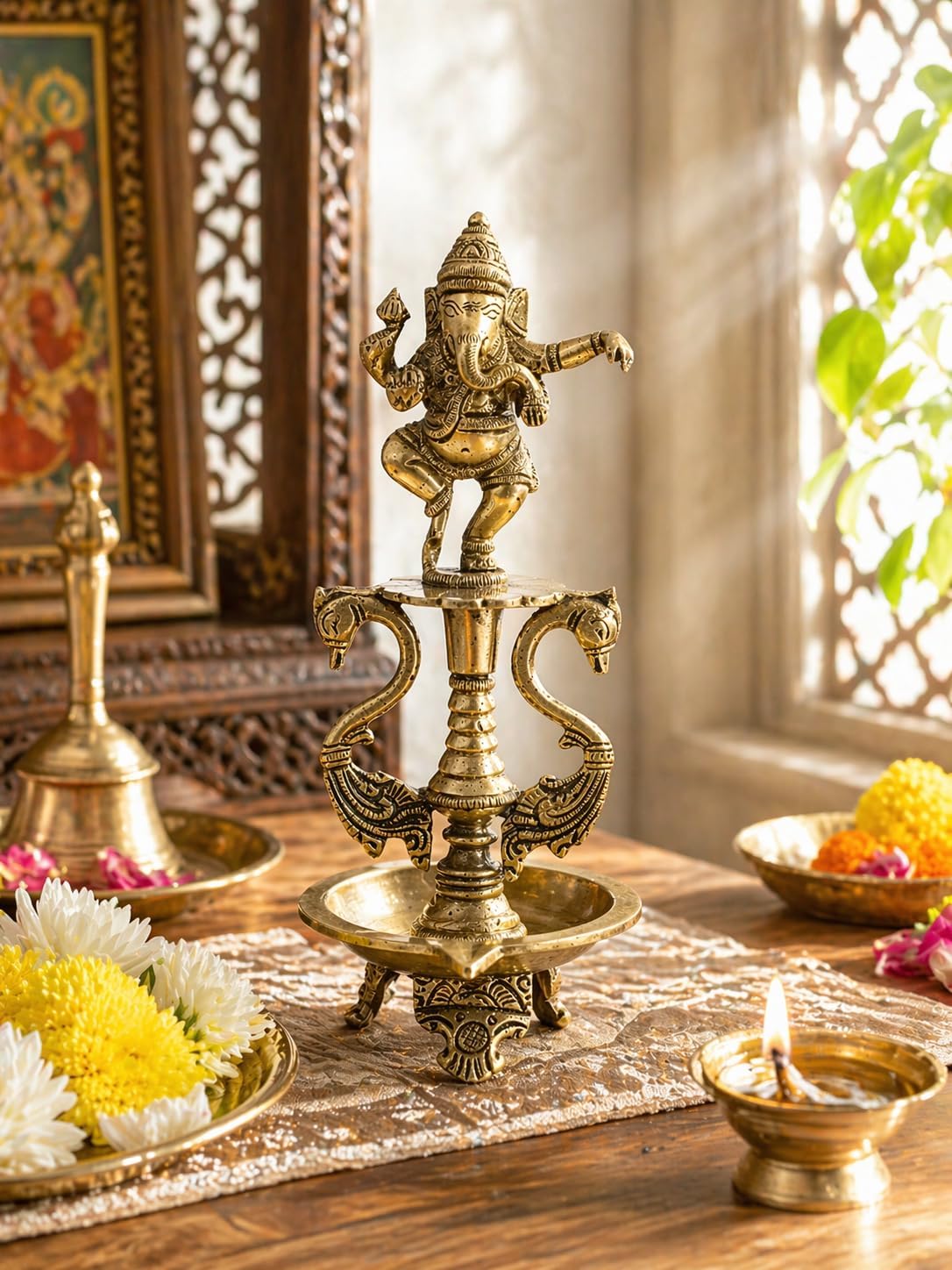 Two Moustaches Dancing Ganesha Brass Oil Diya with Base