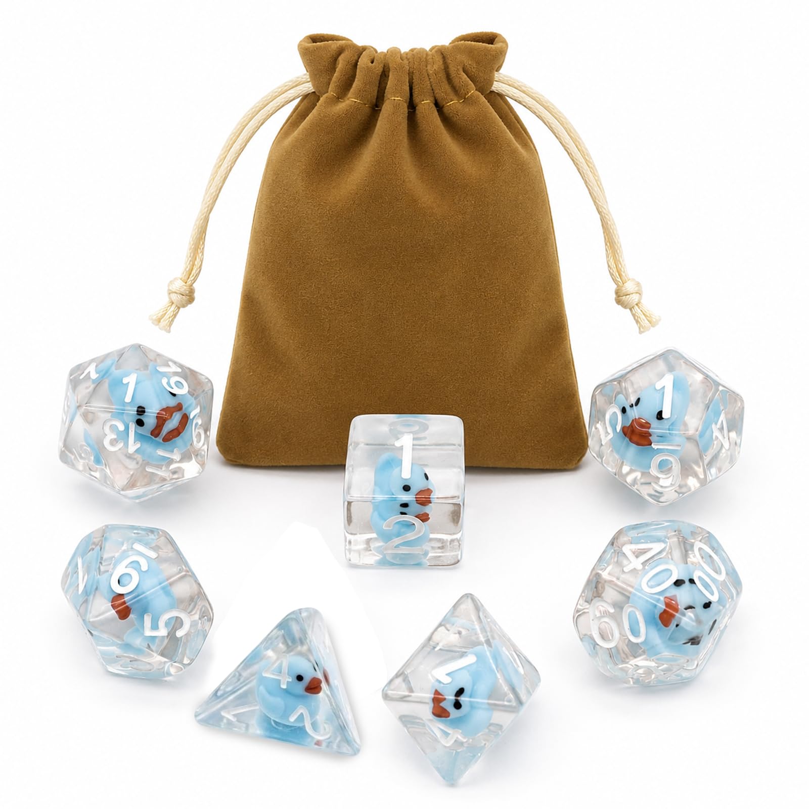 7 PCS RPG Dice Set with Dice Bag, Polyhedral Dice Filled with Cute Ducks, Perfect for RPGs, Role Playing Board Games Accessories, Blue, Resin