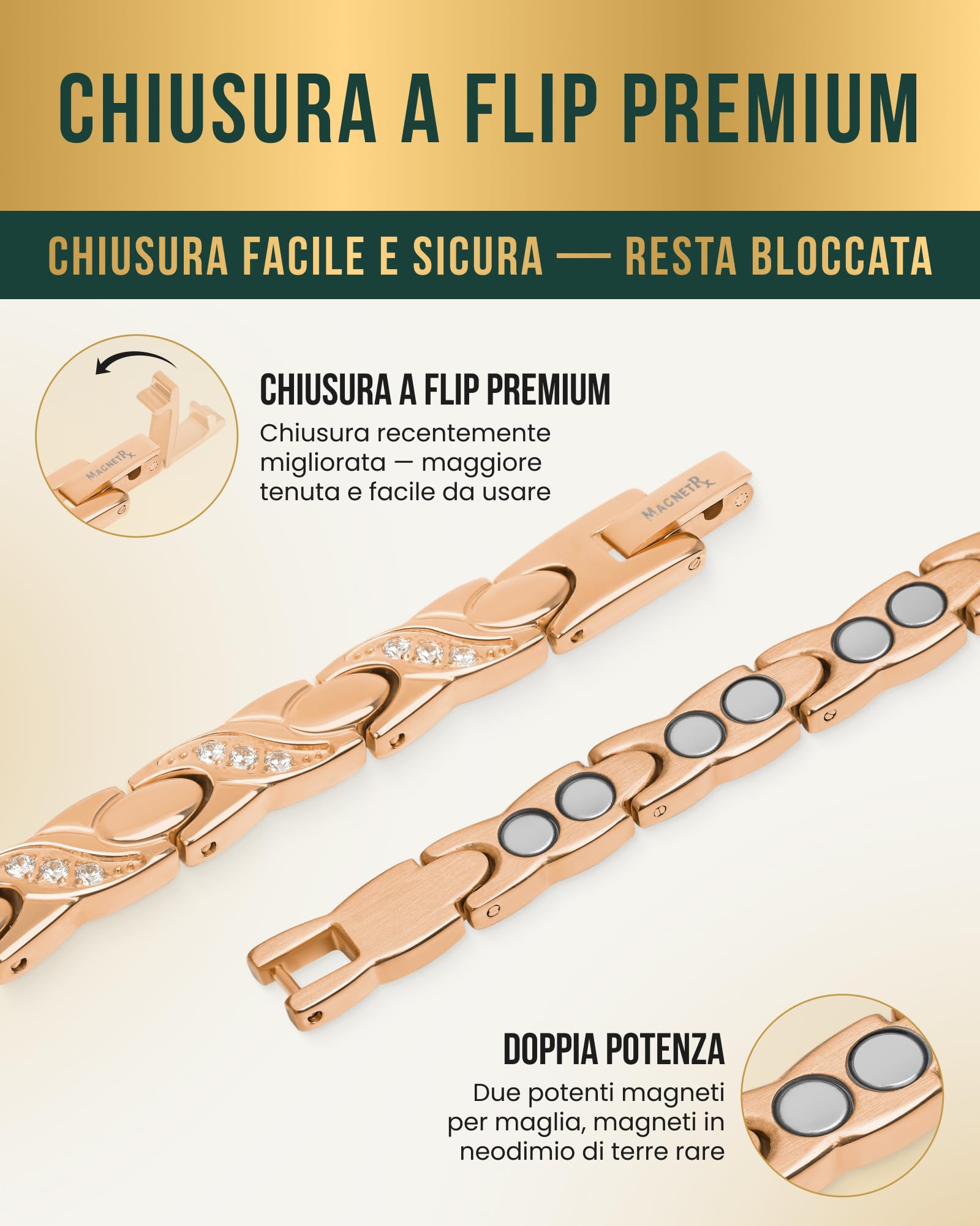 MagnetRX® Bracciale Magnetico Donna Ultra Forte – Bracciale Benessere con Doppio Magnete in Acciaio Inox e Cristalli – Magnetico Regolabile con Strumento di Misura (Oro Rosa)