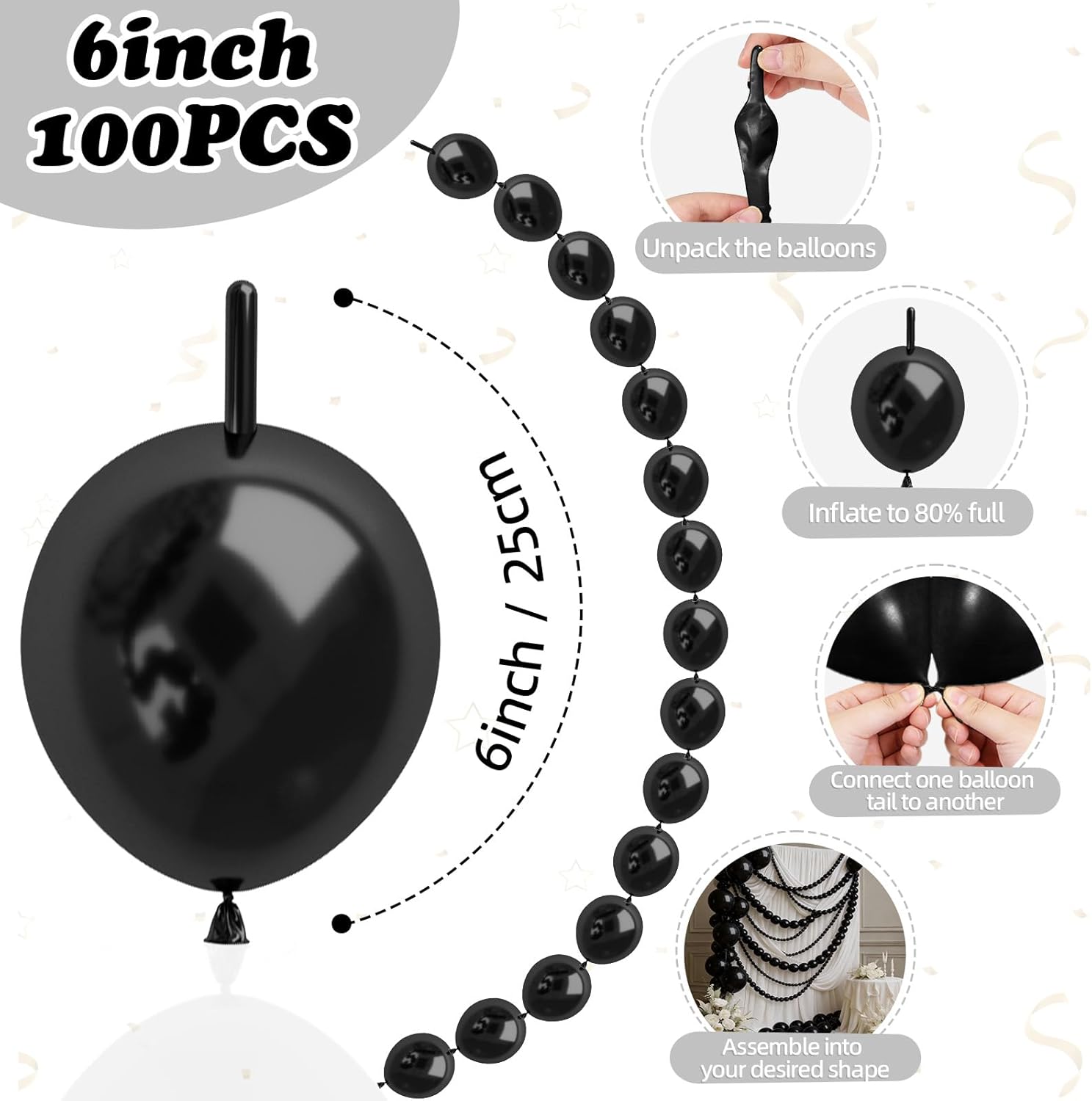 Black Linking Balloons,100pcs 6 Inch Quick Link Long Balloons for Tying Black Balloon Arch,Tails Balloon Wall,for Wedding Anniversary Engagement Birthday Baby Shower Graduation Party Decorations