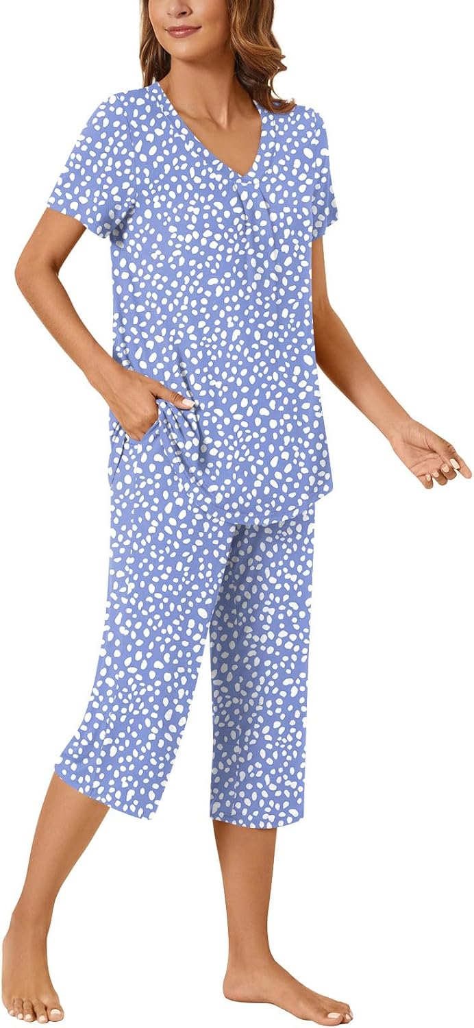 Bestbee Women's Pajama Sets 2 Piece Lounge Outfits Summer Sleepwear V Neck Short Sleeve Capri Pant With Pockets Ladies Pjs - Image 3