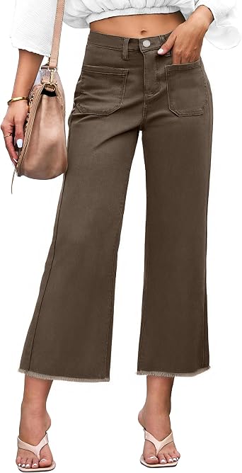 KICZOY Cropped Wide Leg Jeans for Women Trendy High Waist Raw Hem Jean Capris Stretchy Flare Denim Pants with Patch Pockets A-Brown