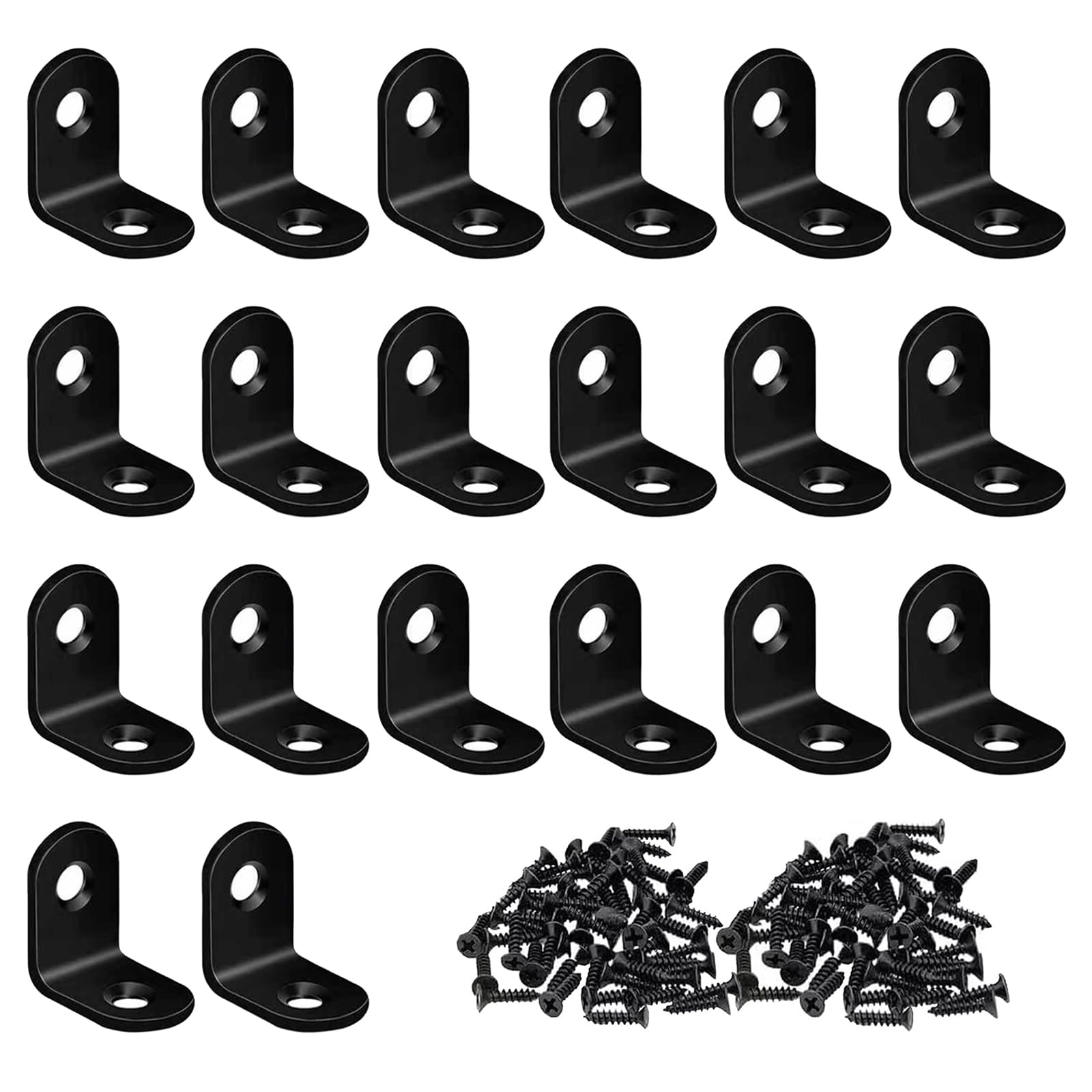 Ldzzuo 20 Pcs Angle Brackets, 90 Degree L Brackets for Wood, Corner Brace with 40 Screws, Stainless Steel Shelf Bracket for Fixing and Repairing Furniture (Black, 25x25x16mm, 2 Holes)