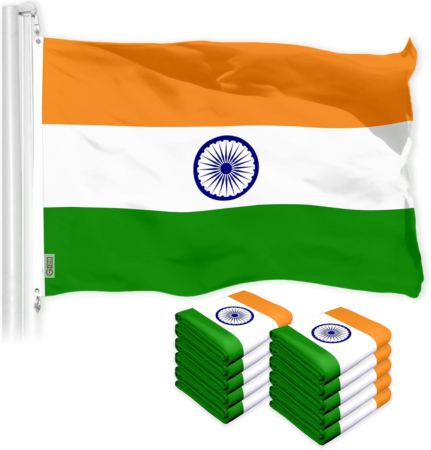 G128 2 Pack: India Indian Flag | 3x5 Ft | LiteWeave Pro Series Printed 150D Polyester | Country Flag, Indoor/Outdoor, Vibrant Colors, Brass Grommets, Thicker and More Durable Than 100D 75D Polyester
