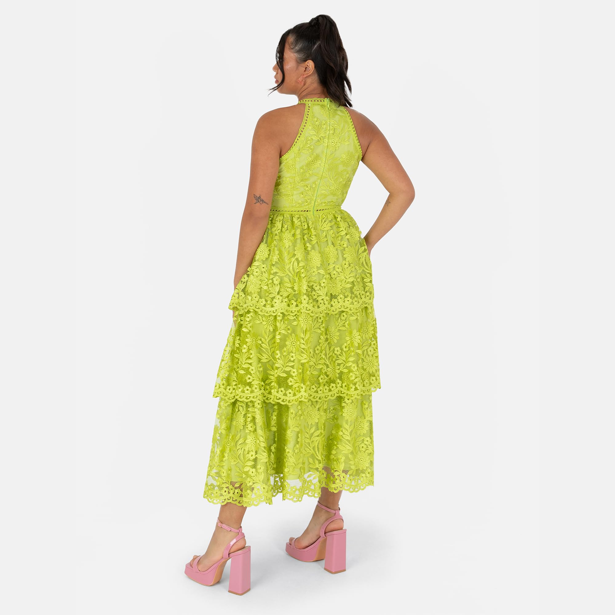 Women's Ladies Midi Dress Halterneck Sleeveless Tiered Skirt Floral Lace A-line for Wedding Guest Evening Occasion Prom
