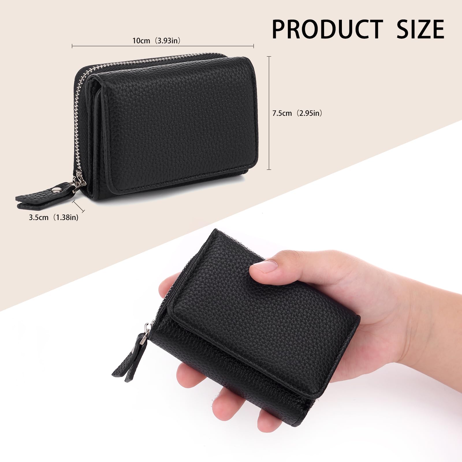 CHAOFANXI Portafoglio Donna Piccolo in Pelle da Donna, Portamonete Piccoli Trifold Piccola Corto Portamonete con 6 Scomparti per Carte con 1 Sezione di Fattura e 1 Tasca con Cerniera, Nero