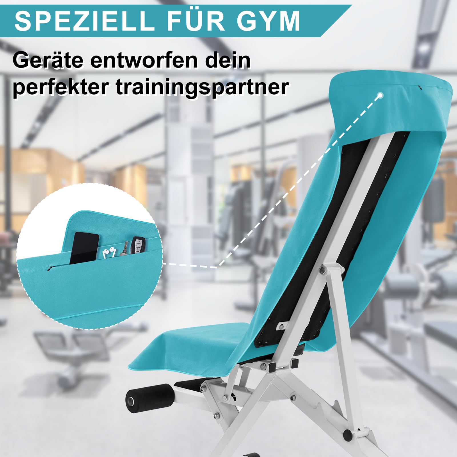 Pameil Asciugamano fitness con tasca con cerniera, 120 x 50 cm, asciugamano da palestra, in microfibra, compatto e ad asciugatura rapida, asciugamano sportivo, palestra, da viaggio (blu pavone)