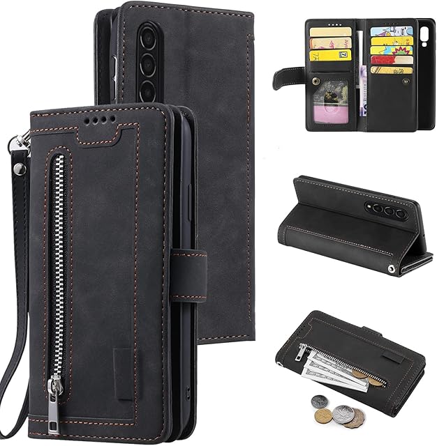 EYZUTAK Wallet Phone Case for Samsung Galaxy Z Fold 4, Retro Matte 9 Card Holder Slots Zipper Pocket Case PU Leather Magnetic Closure Kickstand with Wrist Strap Folio Flip Case - Black