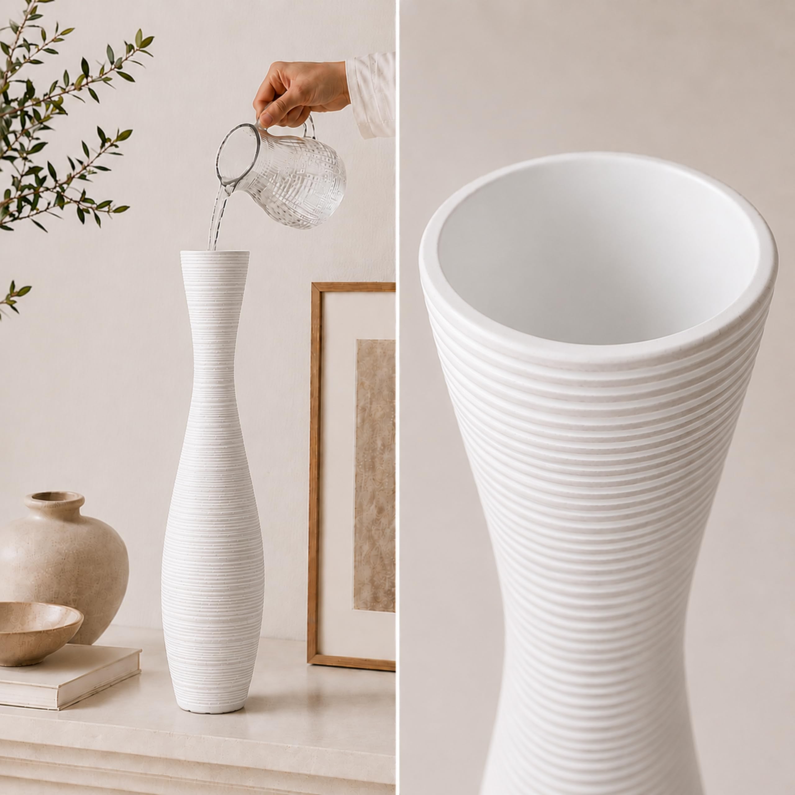 Leewadee Große Bodenvase 50 cm Polyresin für Pampasgras & Trockenblumen | Deko-Vase fürs Wohnzimmer: wasserdicht für Frischblumen, ideal für Pampasgras & Zweige und bruchfester als Keramik