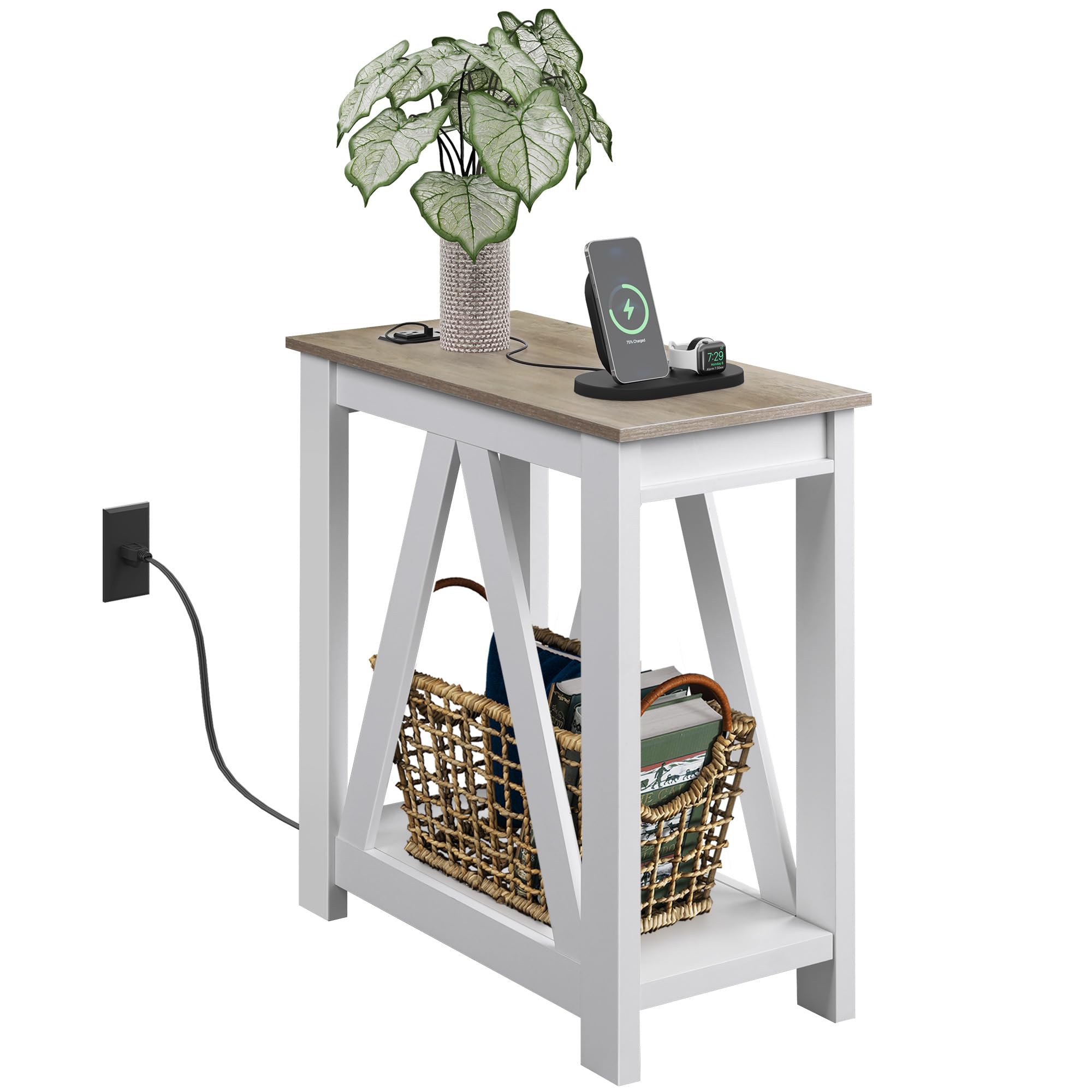 WLIVE Narrow End Table with Charging Station of Open Storage Shelf?Sofa Side Table with 2 USB and 2 Power Outlets?Slim Farmhouse End Table for Small Spaces?Bedroom?Living Room