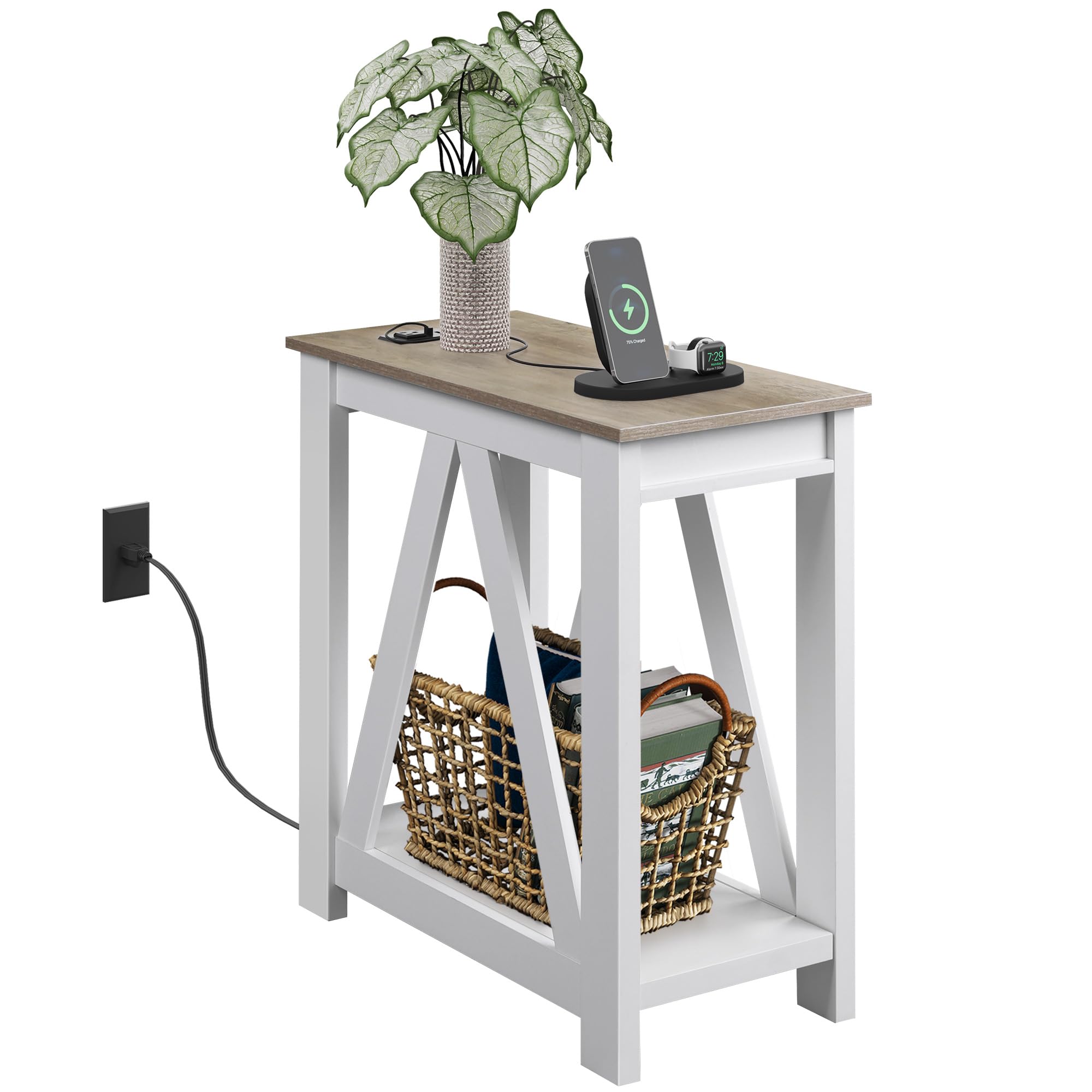 Photo 1 of WLIVE Narrow End Table with Charging Station of Open Storage Shelf?Sofa Side Table with 2 USB and 2 Power Outlets?Slim Farmhouse End Table for Small Spaces?Bedroom?Living Room Greige single 11.8"D x 23.6"W x 23.74"H