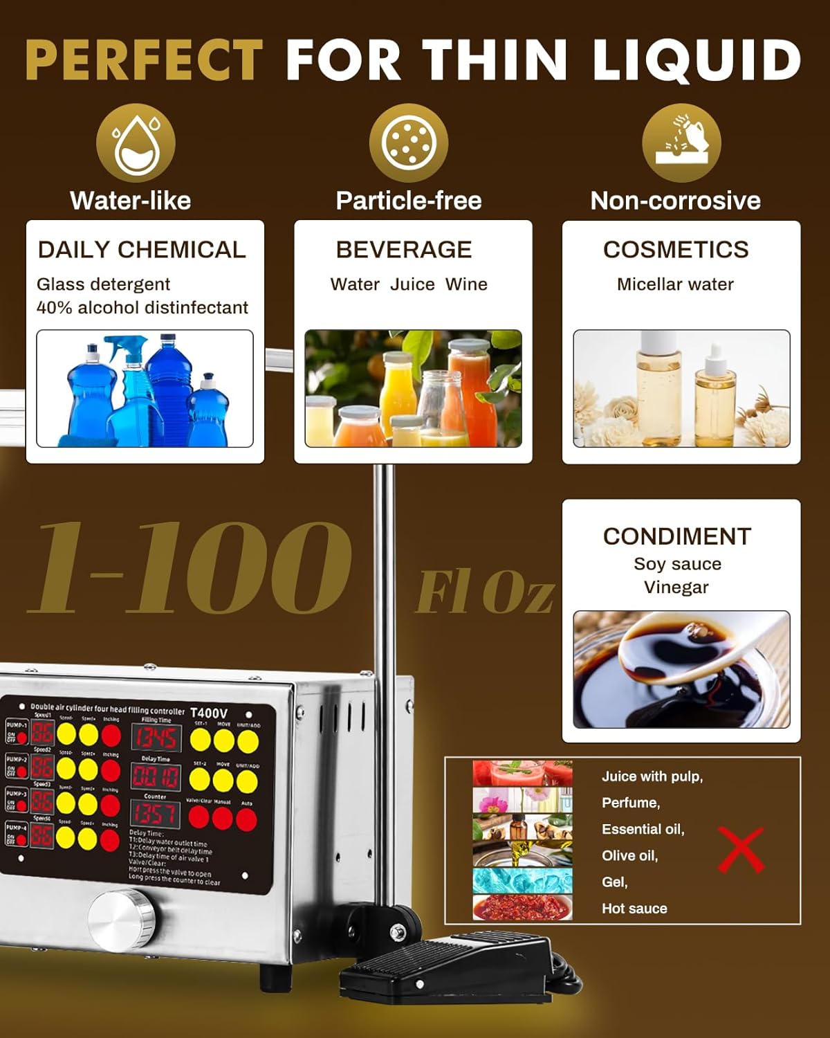 Diagram showing suitable and unsuitable liquids for the filling machine