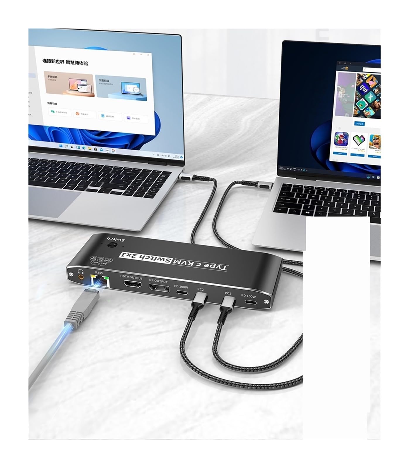 Commutateur vidéo, Commutateur KVM USB C vers HMI DP 3500 W 8K 4K 120 Hz avec port réseau RJ45 PD 100 Charge for 2 PC 1 moniteur TV
