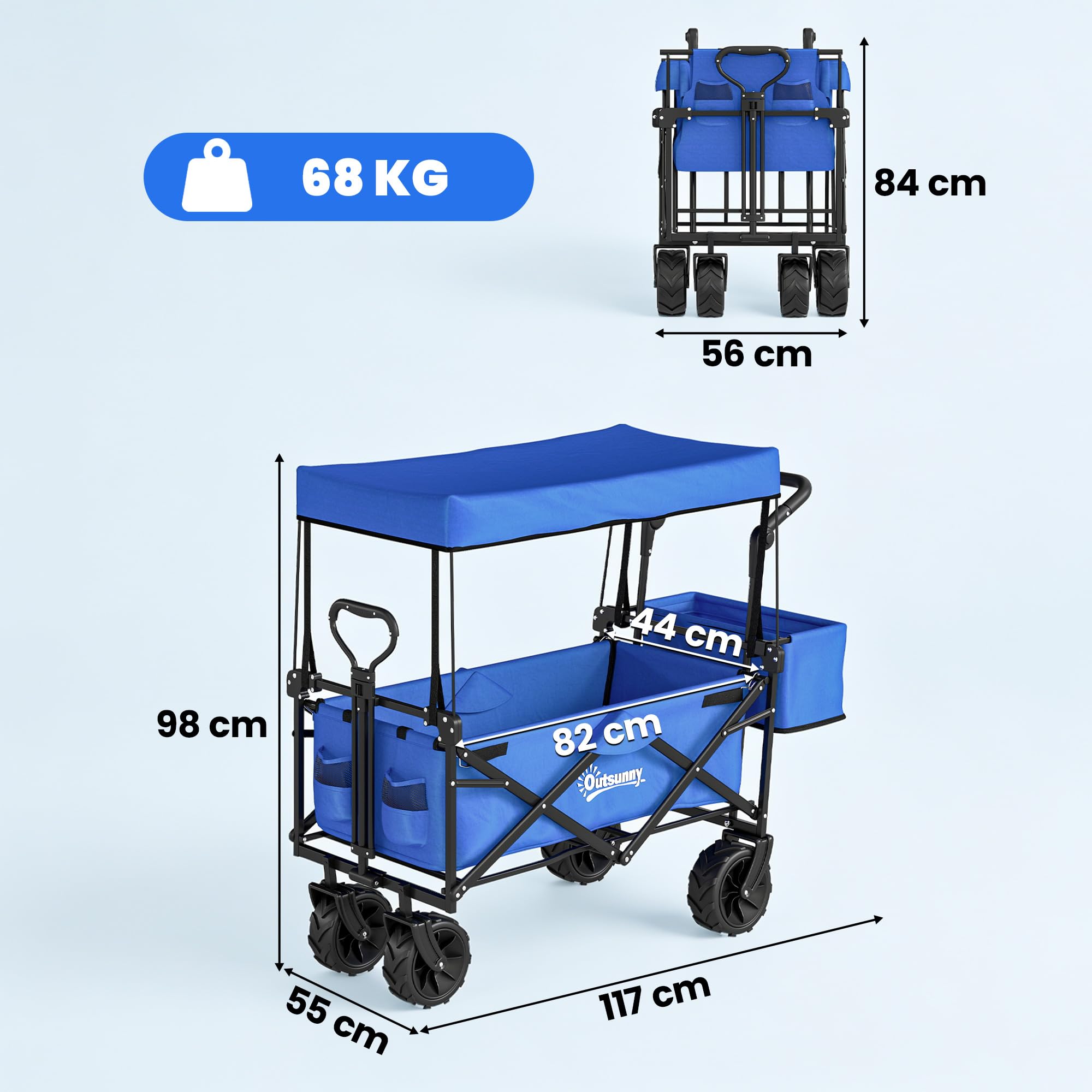 Outsunny Carro Transporte Plegable Ruedas Universales 117x55x98 cm Azul | Carro de Mano Plegable, Toldo, Manillar Regulable en Altura, Carga Máx. 68 kg, Carro Playa Plegable, Jardín Camping