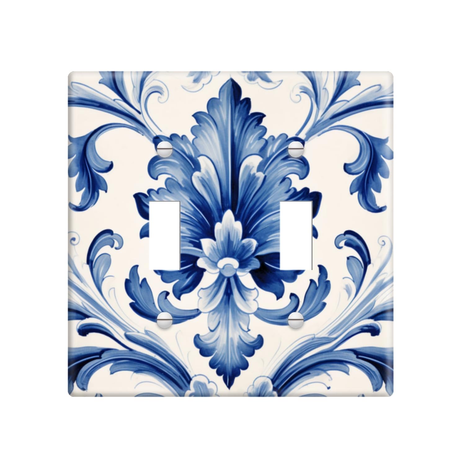 2 Gang Wall Plate Cover Blue And White Pattern Hand-Painted Watercolor Style Decorative Switchplate Double Toggle Electrical Faceplate Light Switch
