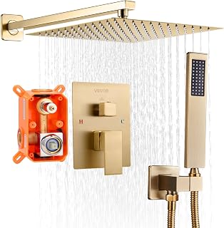 VEVOR Juego de Grifo de Ducha de Lluvia con Cabezal de Ducha Cuadrado de 25,4 cm y Rociador de Mano, Grifería de Baño de Pared con Válvula de Latón y Kit de Embellecedor, Color Oro Cepillado