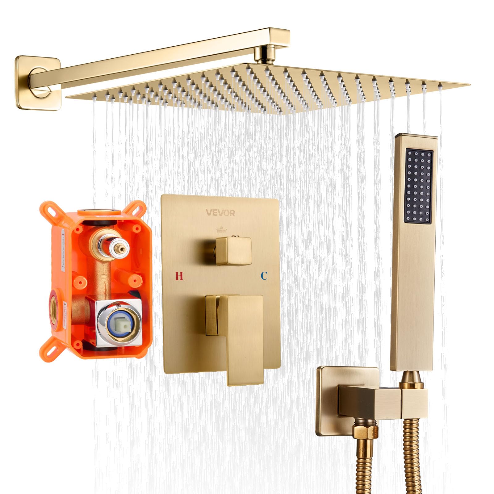 VEVOR Set Doccia, Sistema Doccia a Pioggia per Bagno con Soffione Quadrato da 30,5 cm e Doccetta, Accessori per Vasca da Parete con Valvola in Ottone e Kit di Finitura, Oro Spazzolato