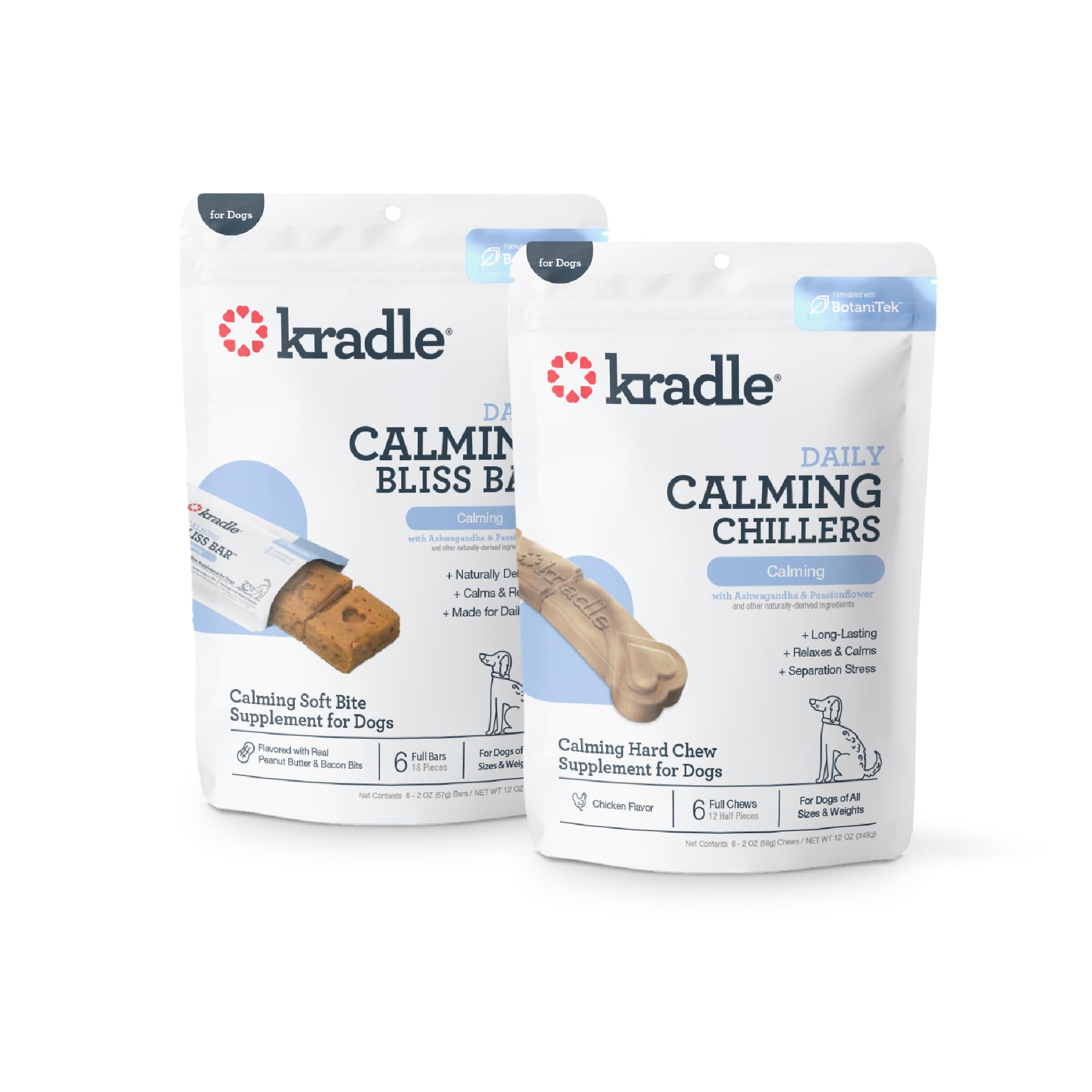 Kradle Paquete calmante para perros, barras Bliss (6) + enfriadores (6) - Sabores de mantequilla de maní y pollo - Ashwaganda GABA L-teanina - Apoya un comportamiento tranquilo