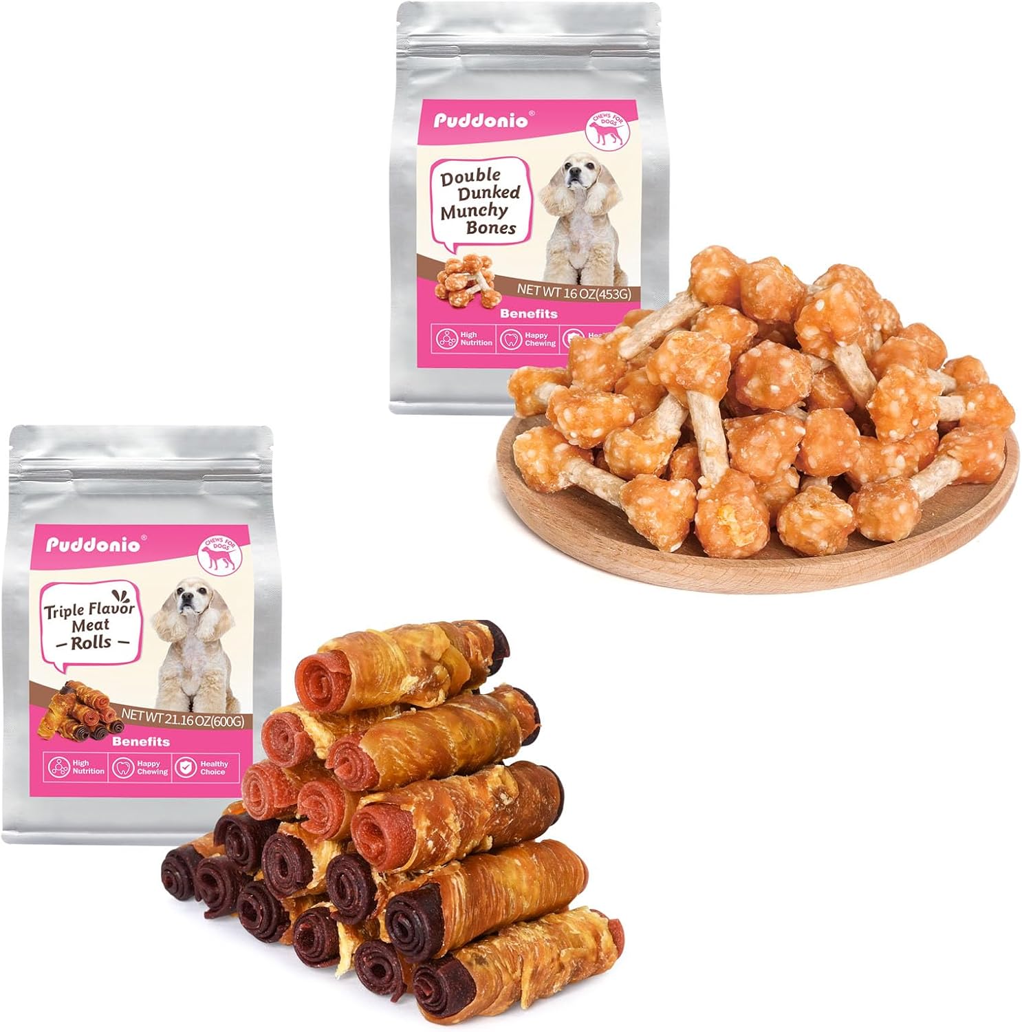 Chicken Duck Beef Meat Rolls Dog Treats 21.16 oz & Chicken Wrapped Rice Dumbbells Bones 16oz