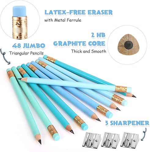Miniatura 10 de 48 lápices jumbo y 3 sacapuntas, lápices grandes, lápices gruesos, lápices grandes para niños, principiantes, preescolares, jardín de infantes,
