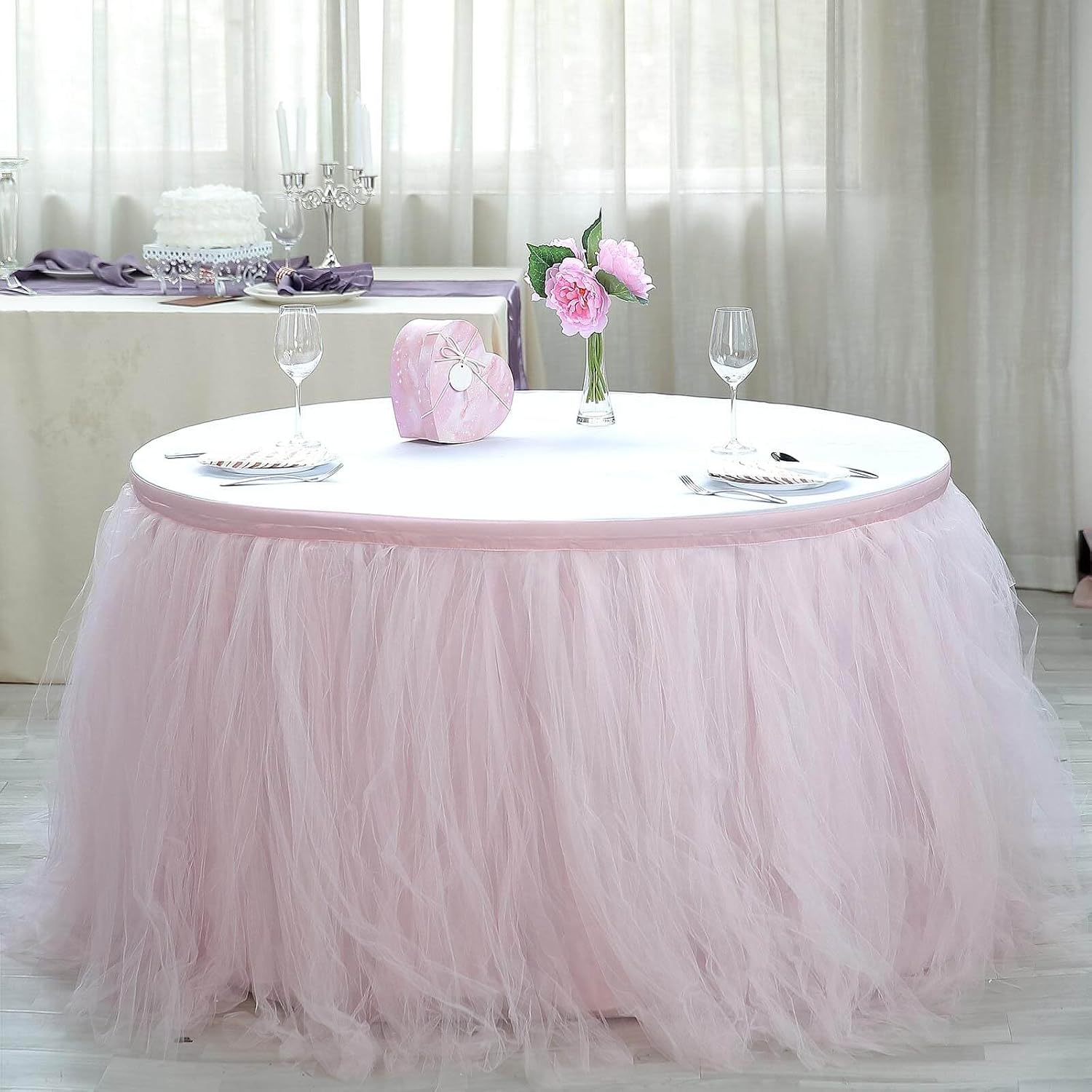 Efavormart 21ft Full Size 4 Layer Fluffy Tulle - Tutu Table Skirt for Dining Catering Wedding Birthday Party Events - Blush