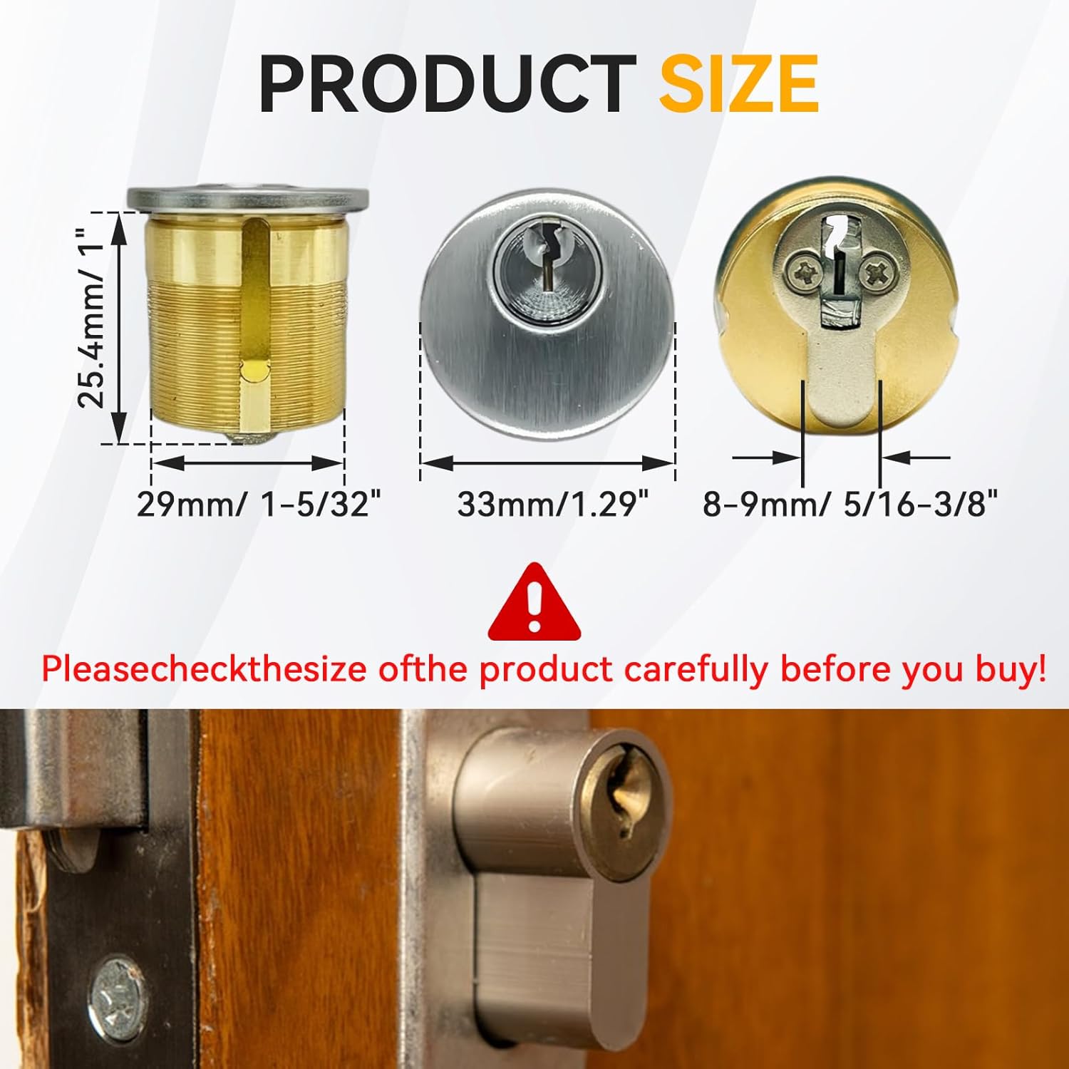 2 Pack Brass Mortise Cylinder Lock with SC Keyway, 1 Inch Length Keyed Standard SC1 Keyway, Standard Commercial Door Replacement Lock Mortise Cylinder for Home Aluminum Door