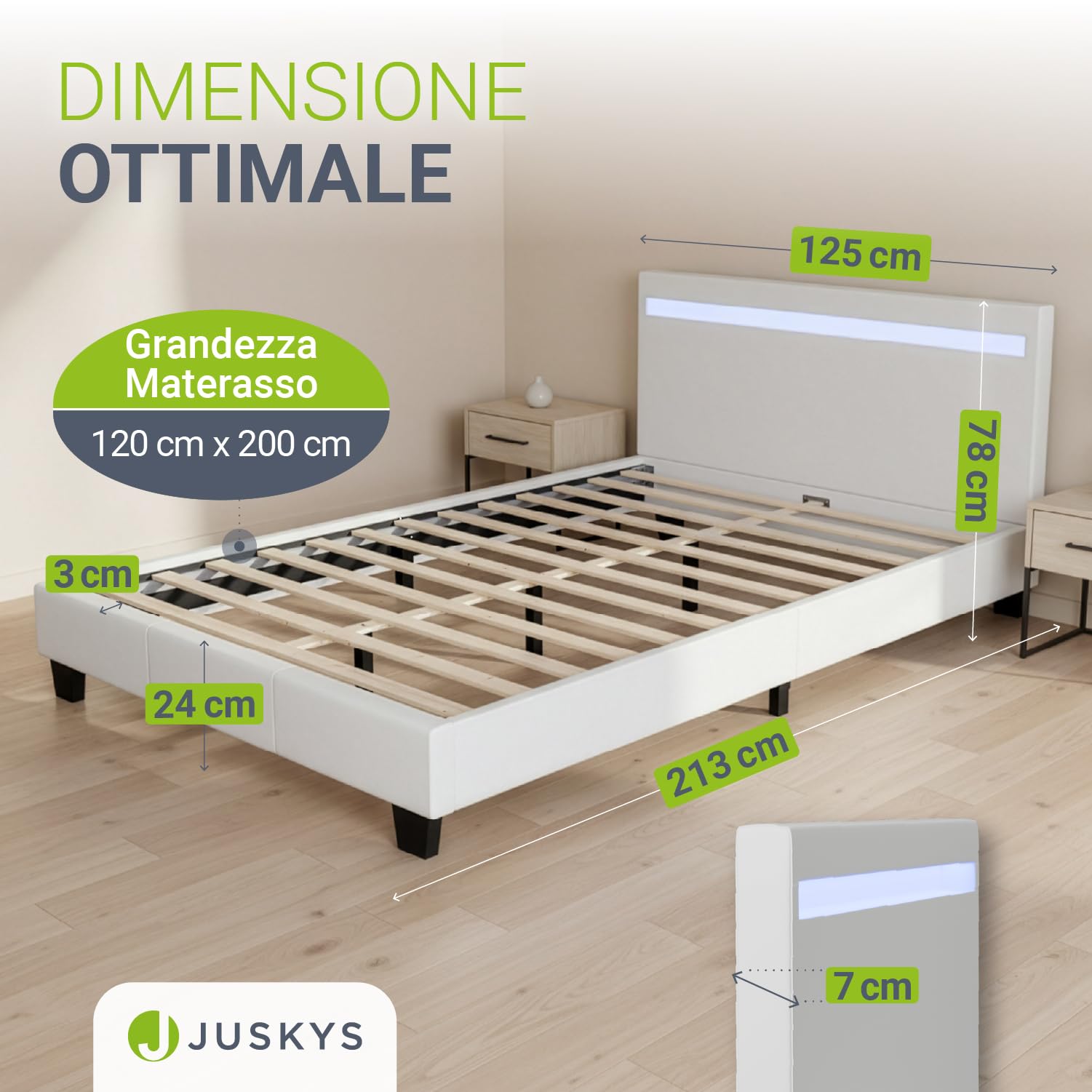 Juskys letto imbottito Paris da 120x200 cm in bianco - Letto con illuminazione LED, rete a doghe e testata - Struttura moderna con rivestimento in similpelle