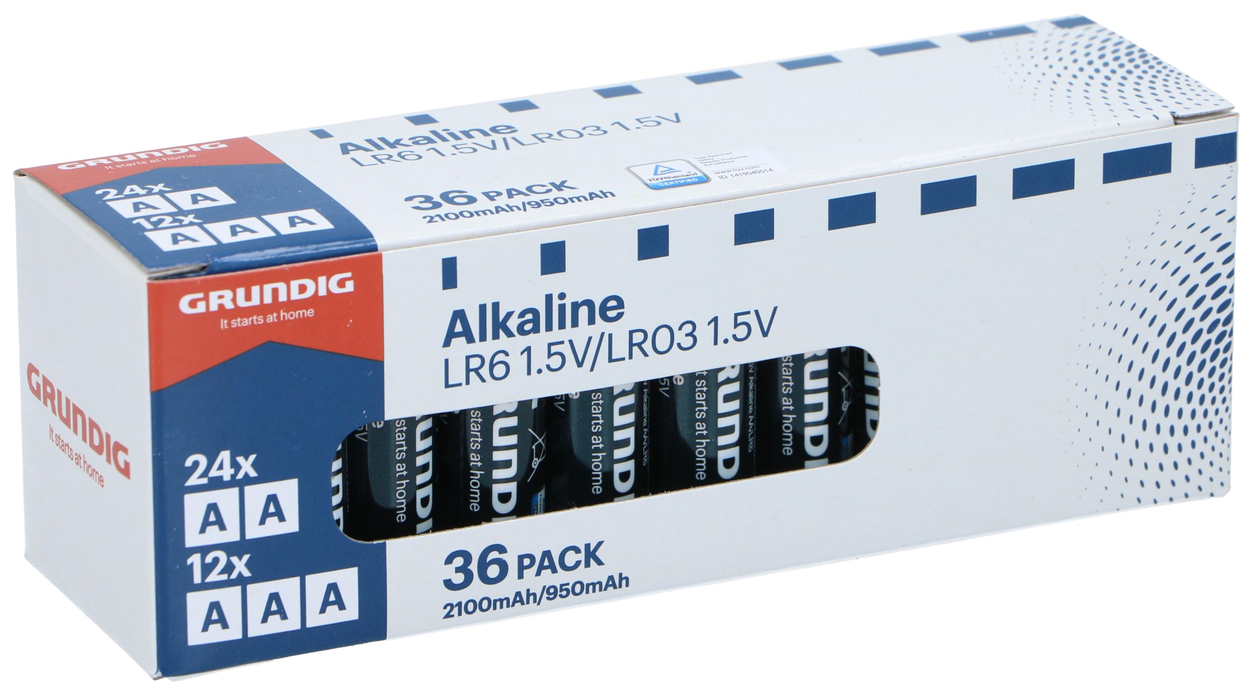 Grundig Batterie AA e batterie AAA – Set di 36 batterie alcaline 1,5 V – per giocattoli, telecomandi, sveglie, batterie pronte all'uso, formato economico versatile