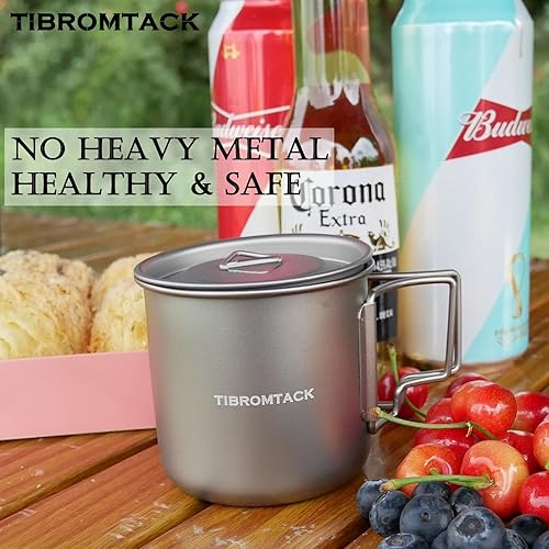 Miniatura 10 de TIBROMTACK Taza de titanio para acampar y viajar, 16.9 fl oz, taza de mochilero ultraligera con asas plegables y tapa al aire libre taza..