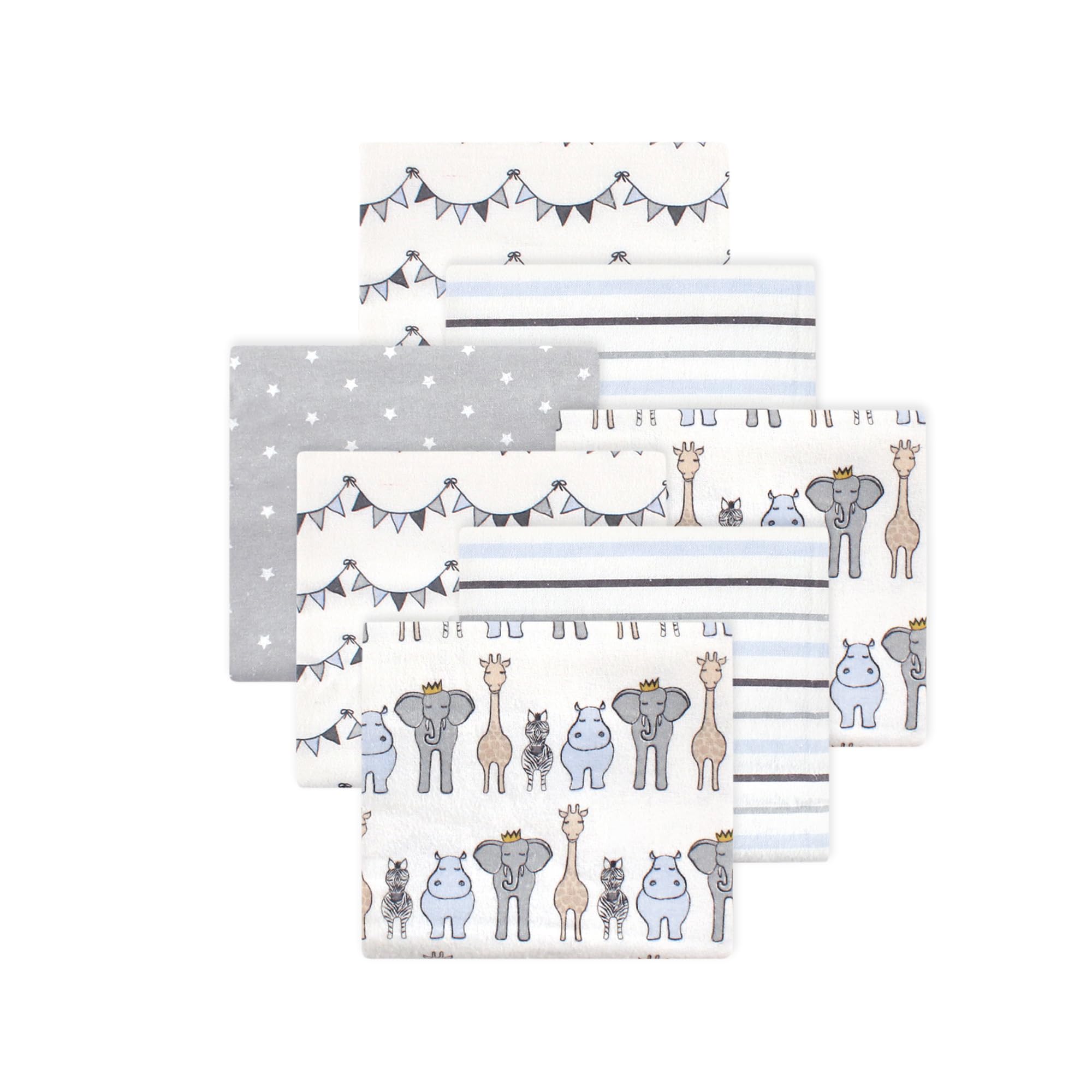 Little Treasure Hudson Baby Cotton Poly Flannel Receiving Blankets Multipack, Blue Royal Safari, 30x30 inches