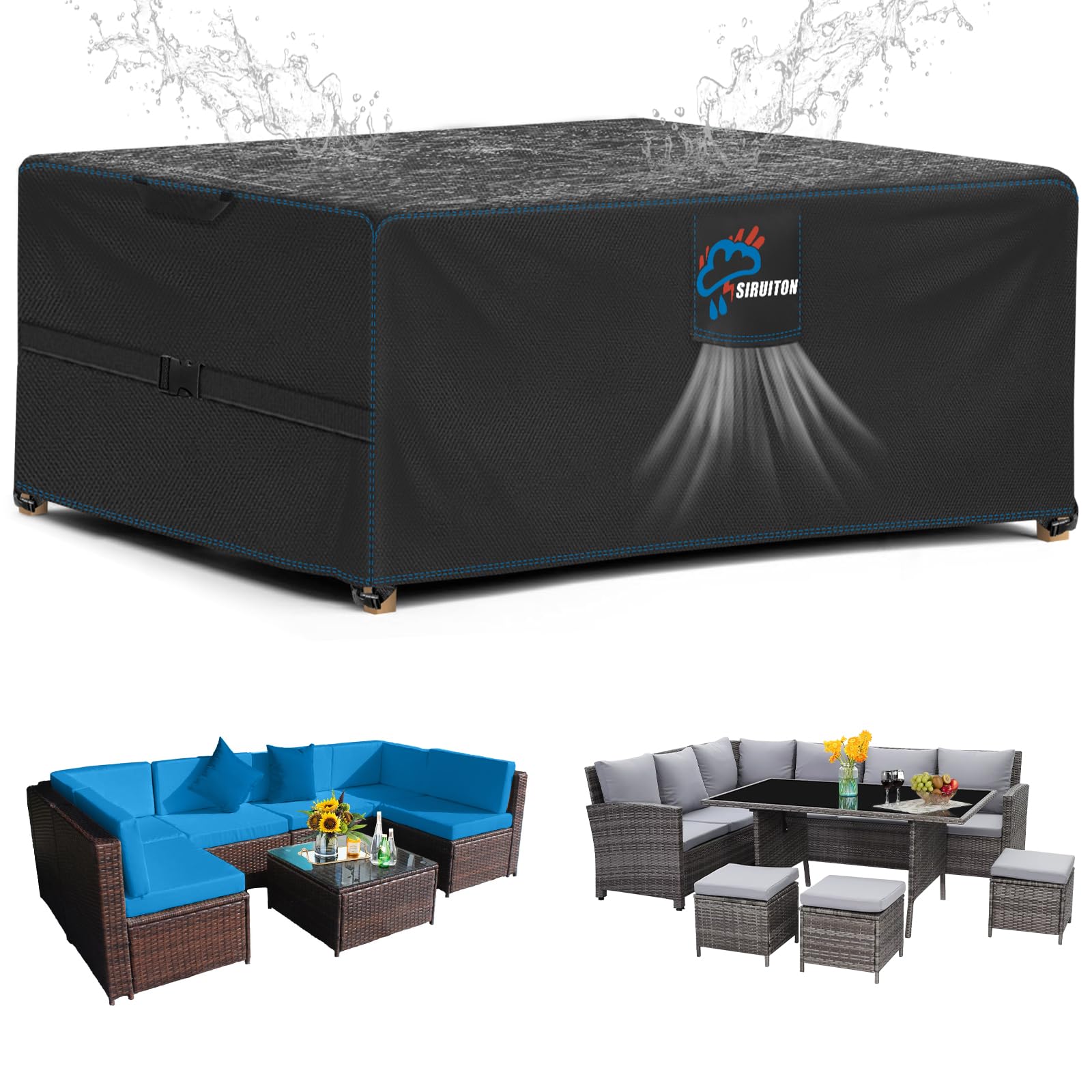 SIRUITON Copertura per mobili da giardino,(250x250x90 cm,con aperture di ventilazione, impermeabile,antivento,resistente ai raggi UV,antistrappo,420D Oxford, copertura per (250x250x90cm)
