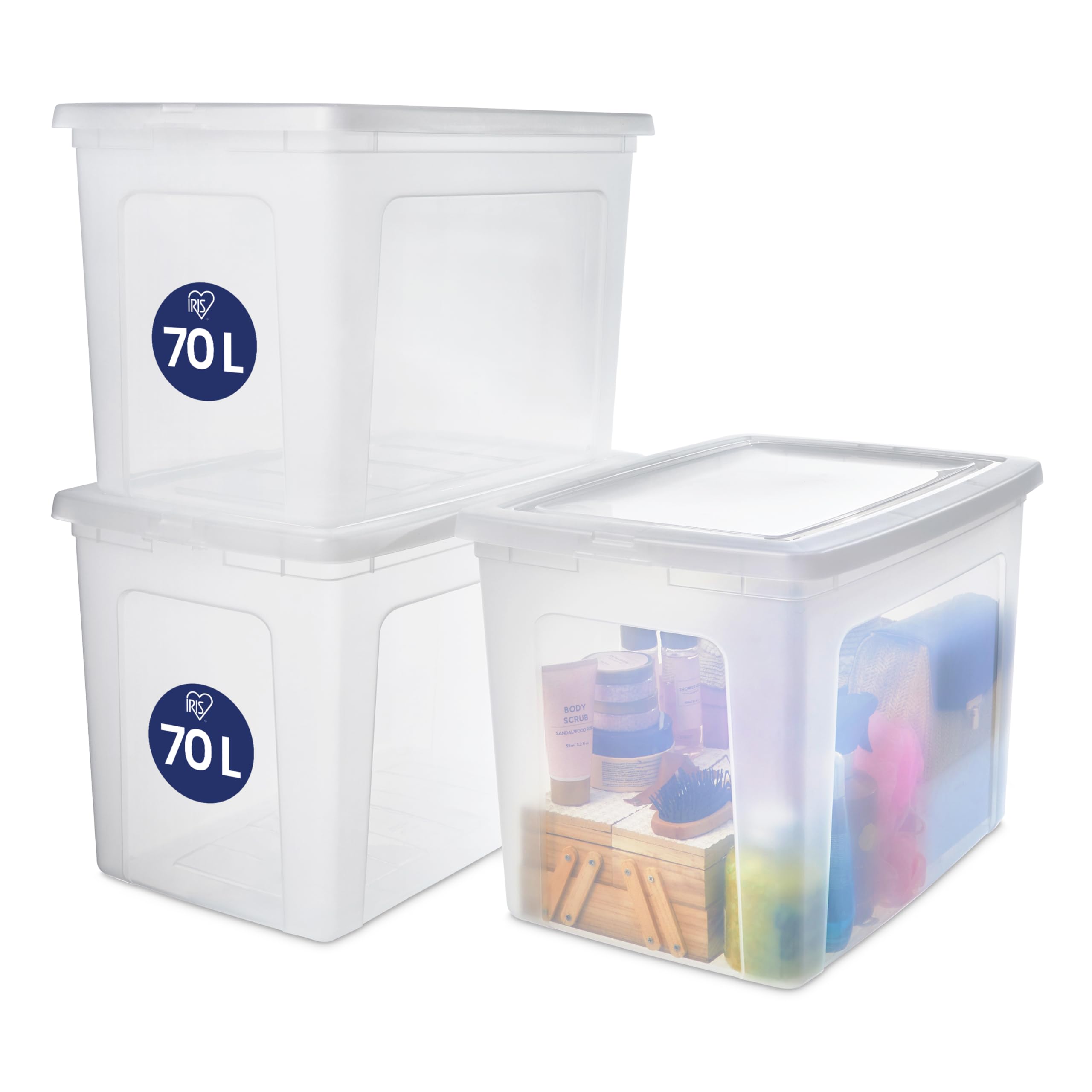 Iris Ohyama, Boite de Rangement Multi-Usages, 70L, Lot de 3, Fermeture Facile, Empilable, en Plastique Transparent, pour Vêtement, Étagères, École, Organisation, Jouet, Papeterie, Chaussures, MCB-70