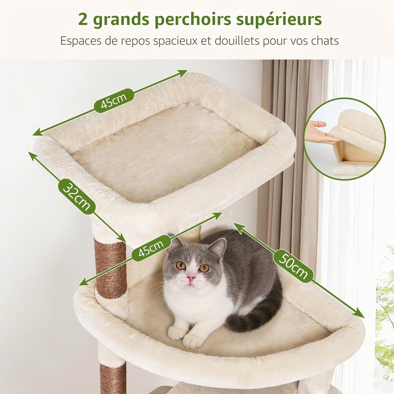 Globlazer Arbre à Chat Beige XXL 215 cm avec 2 Immense Niches, Extra-Large Plateformes, Pente Sisal Peluche, Paniers, Solide Arbre à Chat pour Gros Chats Grand Maine Coon Ragdoll Adulte (F84B, Beige)