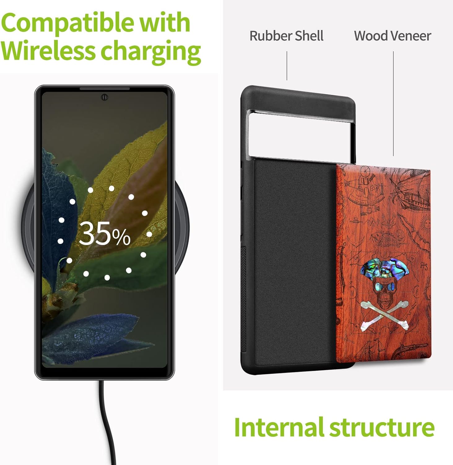 Carveit Designer Wooden Case for Google Pixel 7 Case Protective Cover [Wood Engraving & Shell Inlay] Unique Wood Cover Compatible with Wireless Chargers Pixel 7 (Pirate Skull-Rosy)