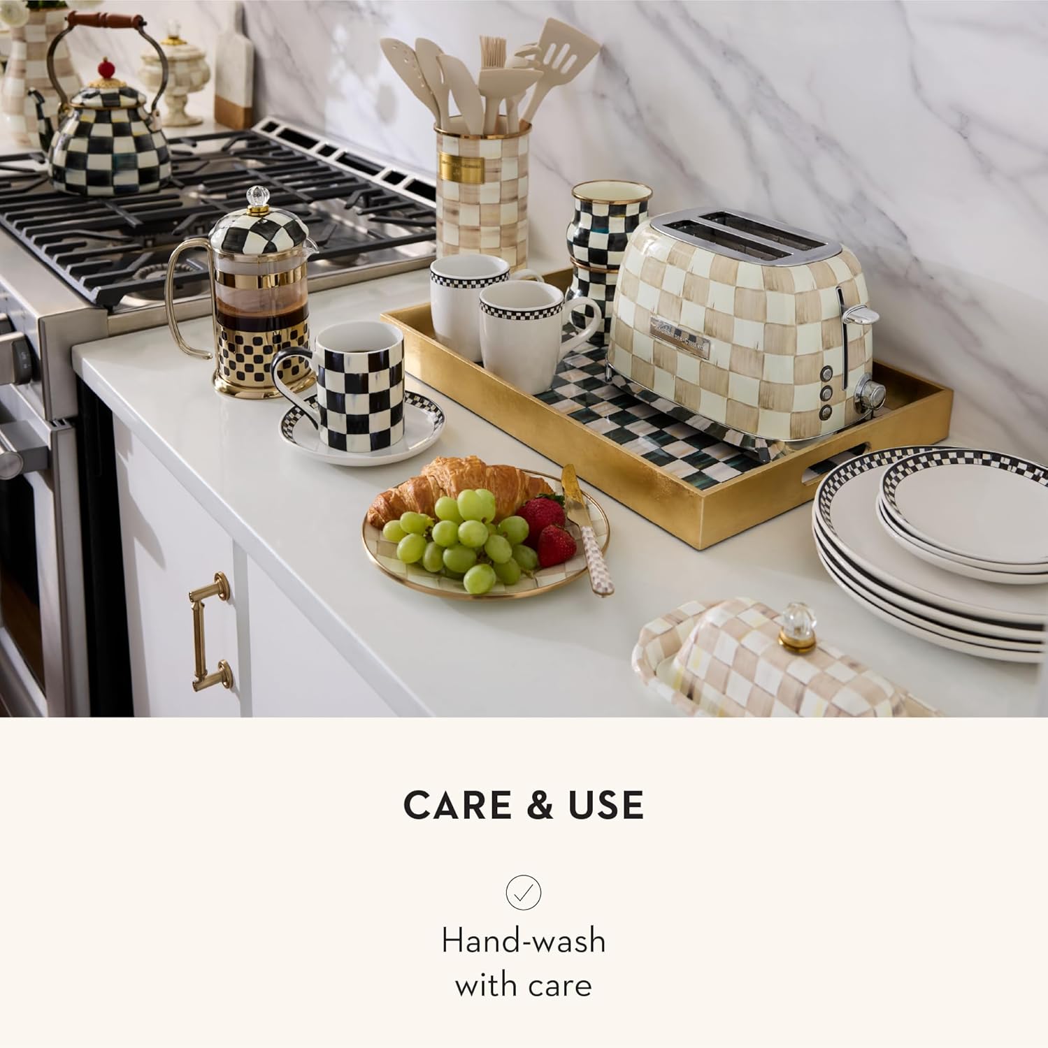 MACKENZIE-CHILDS Coffee French Press, Glass French-Press Coffee Maker, 32-Ounce Capacity, Black-and-White Courtly Check