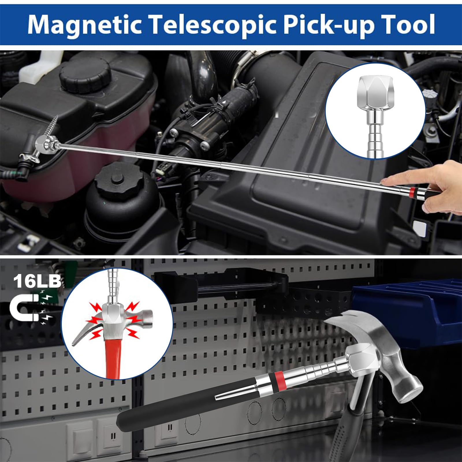 Flintronic Zestaw teleskopowych prętów magnetycznych, 1 sztuka, elastyczny podnośnik magnetyczny 16 lb z drążkiem teleskopowym i antypoślizgowym uchwytem, okrągły i kwadratowy drążek odbiorczy z