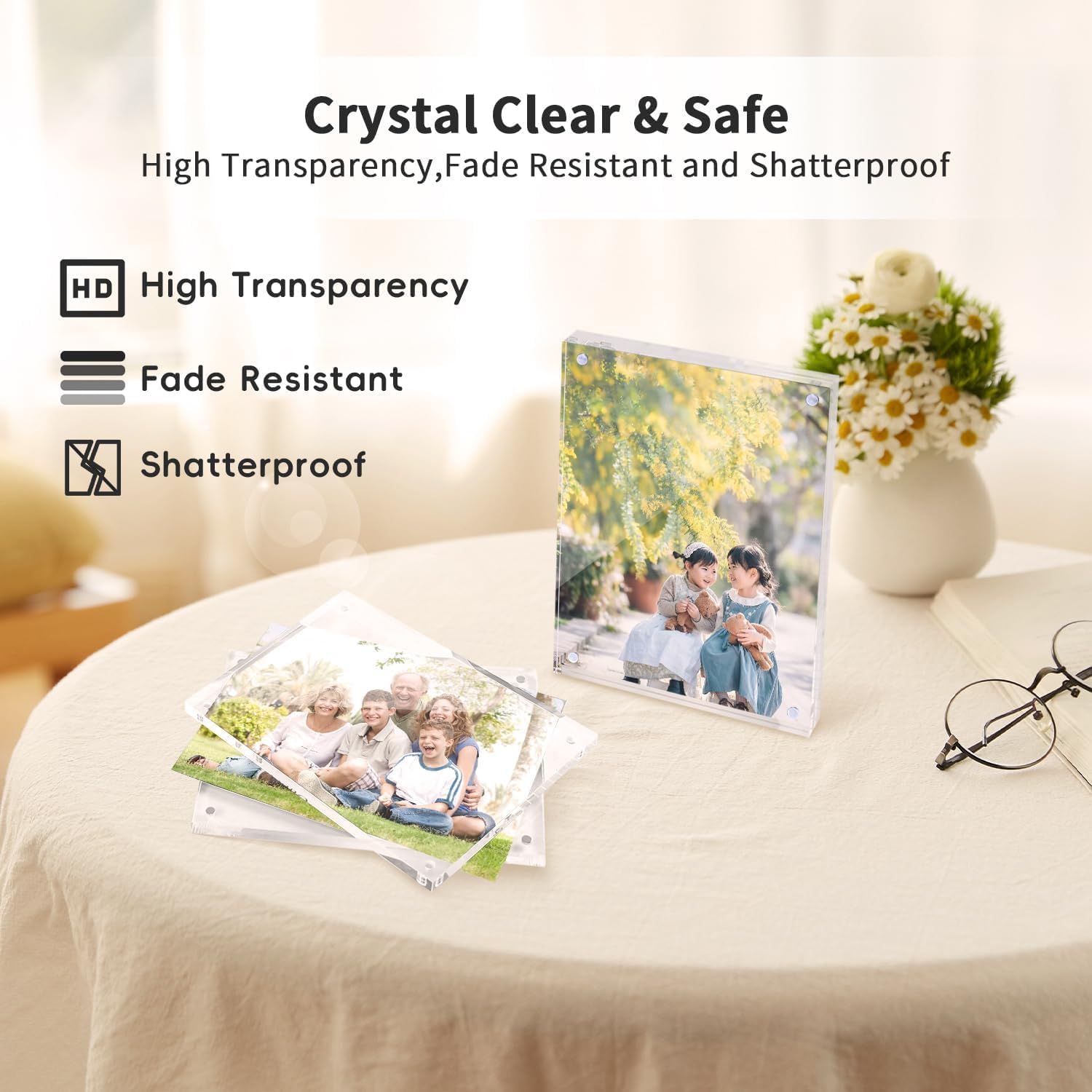 Acrylic Picture Frame 3 Pack, 6x8 Photo Frames , 20% Thicker Block Clear Picture Frames, Double Sided Magnetic Acrylic Frameless, Freestanding Transparent Square Frame, Gifts for Women Mom Grandma Father Girlfriend Sister