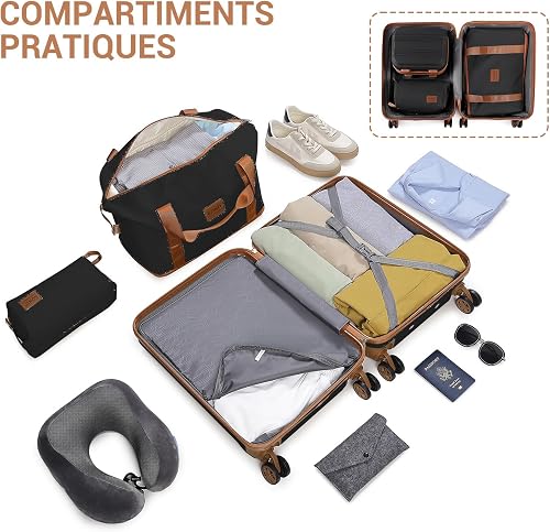 Kono Set de 6 Valises de Voyage Rigide Ensemble de Valise (55/65/74cm) à 4 roulettes avec Portable Vanity Case et Pliable Sac de Voyage pour Sport avec Trousse de Maquillage, Noir/Marron - 4