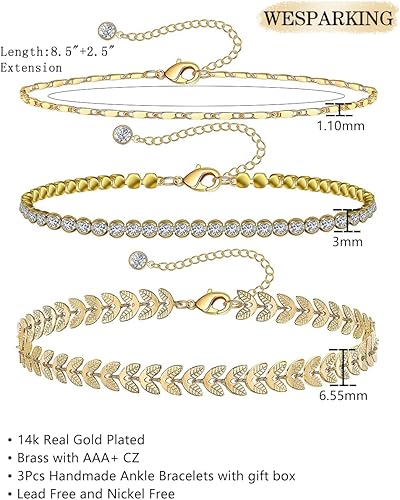 Miniatura 6 de WeSparking - Tobilleras chapada en oro de 14 quilates para mujer, plata tenis, cuarzo rosa, cuentas cruzadas, cadena de clip de serpiente, circonita