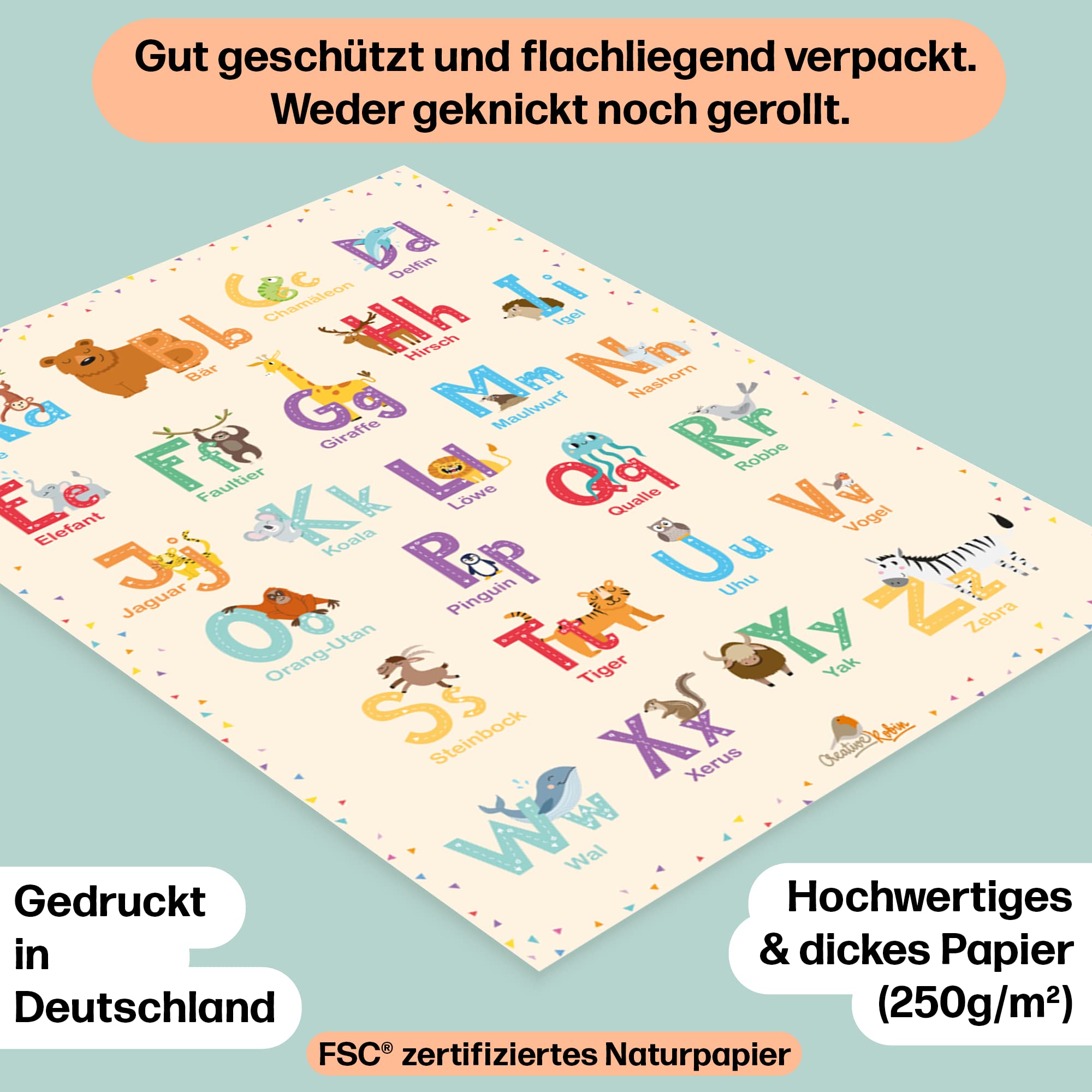 ABC - Poster con simpatici animali per cameretta dei bambini, asilo e scuola elementare, formato DIN A3 | CreativeRobin