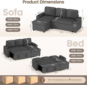 Corner Sofa Bed, L-Shaped Sleeper Sectional Couch Bed, 3-in-1 Linen Convertible Pull Out Sofa Bed with Adjustable Backrest, Storage, USB and Cup Holder for Living Room, Grey