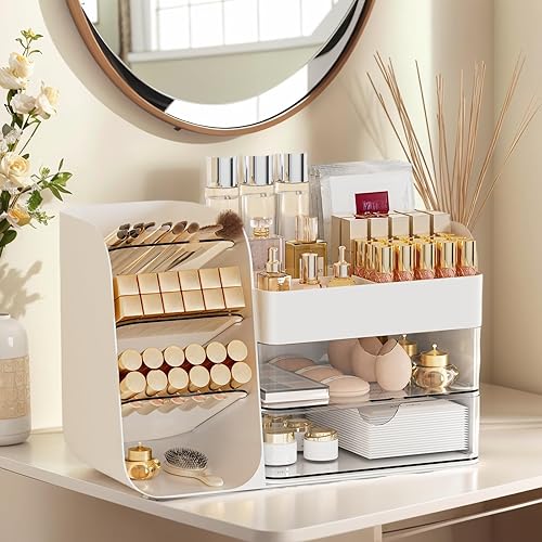 Miniatura 3 de FYABREEK Organizador de maquillaje con cajones de 2 M y soportes para cepillos, estuche de almacenamiento de cosméticos para tocador, encimera de