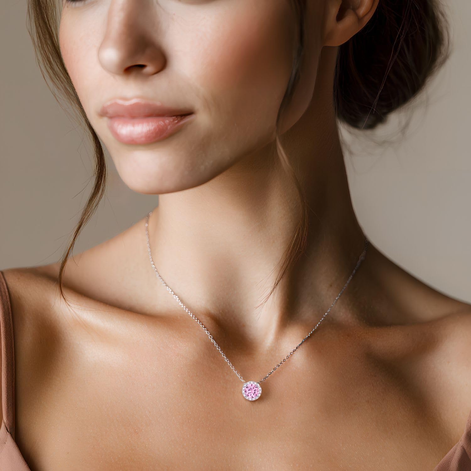 Sterling Silver Necklace for Women Dainty Pink Pendant Sparkling Halo Necklace Round Solitaire Pendant Diamond Jewelry Pink - Image 6