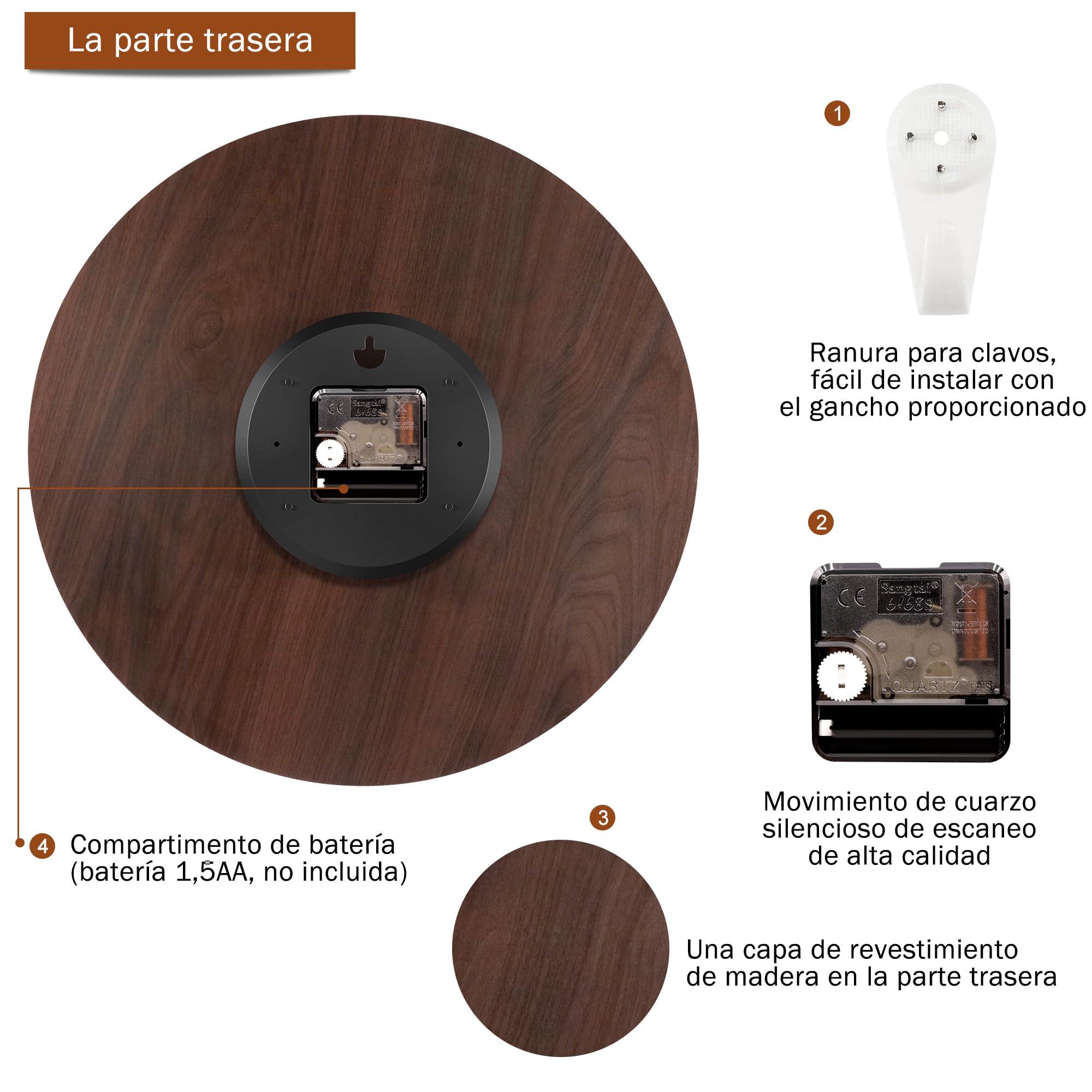 VIKMARI Reloj De Pared Vintage Movimiento De Cuarzo Relojes De Pared Silenciosos Sin Tictac Reloj con Batería Que Cuelga Reloj Redondo De Madera Vintage |Mapa del Mundo|14"